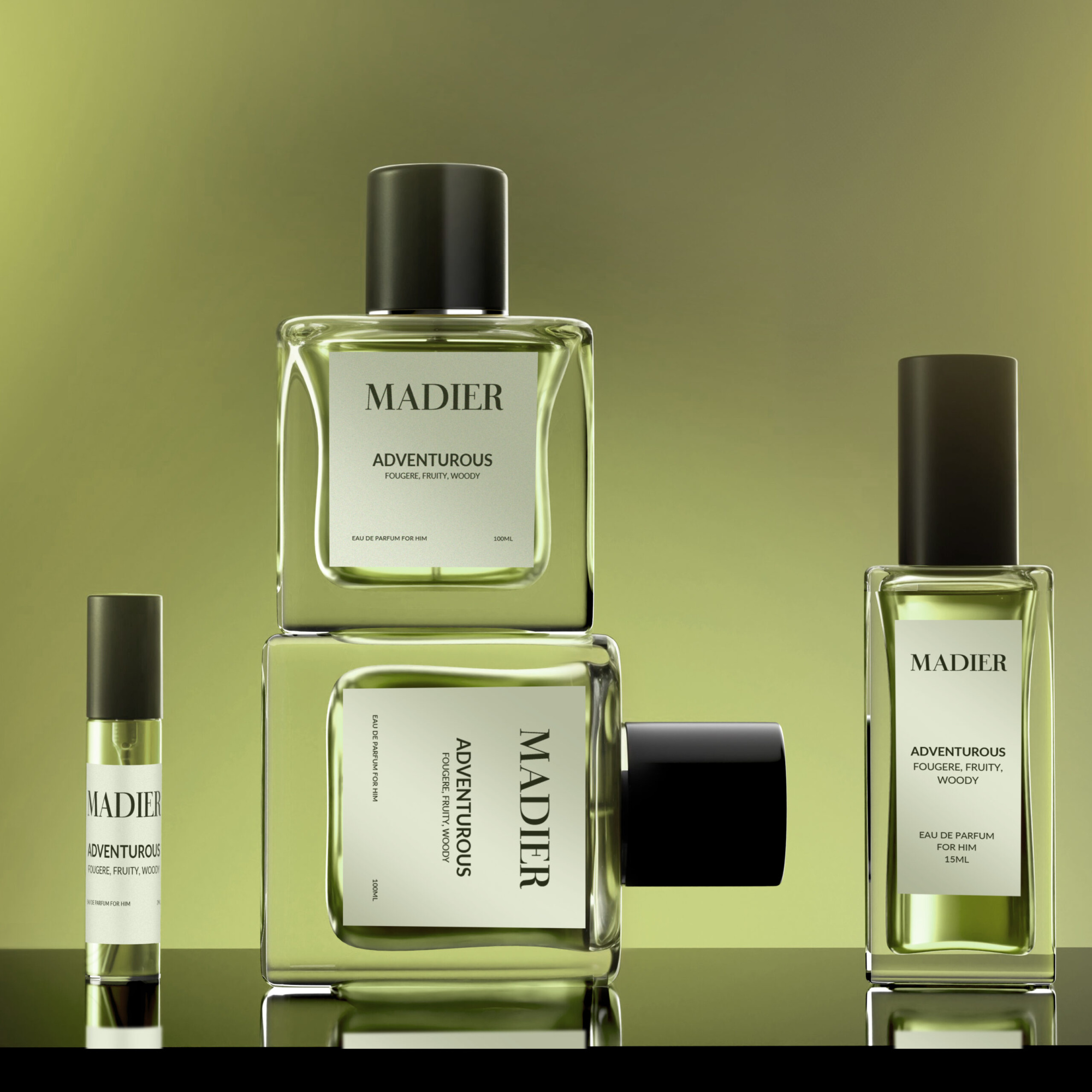 Stylish green Madier Adventurous perfume bottles arranged on a reflective surface for a modern wedding fragrance display.