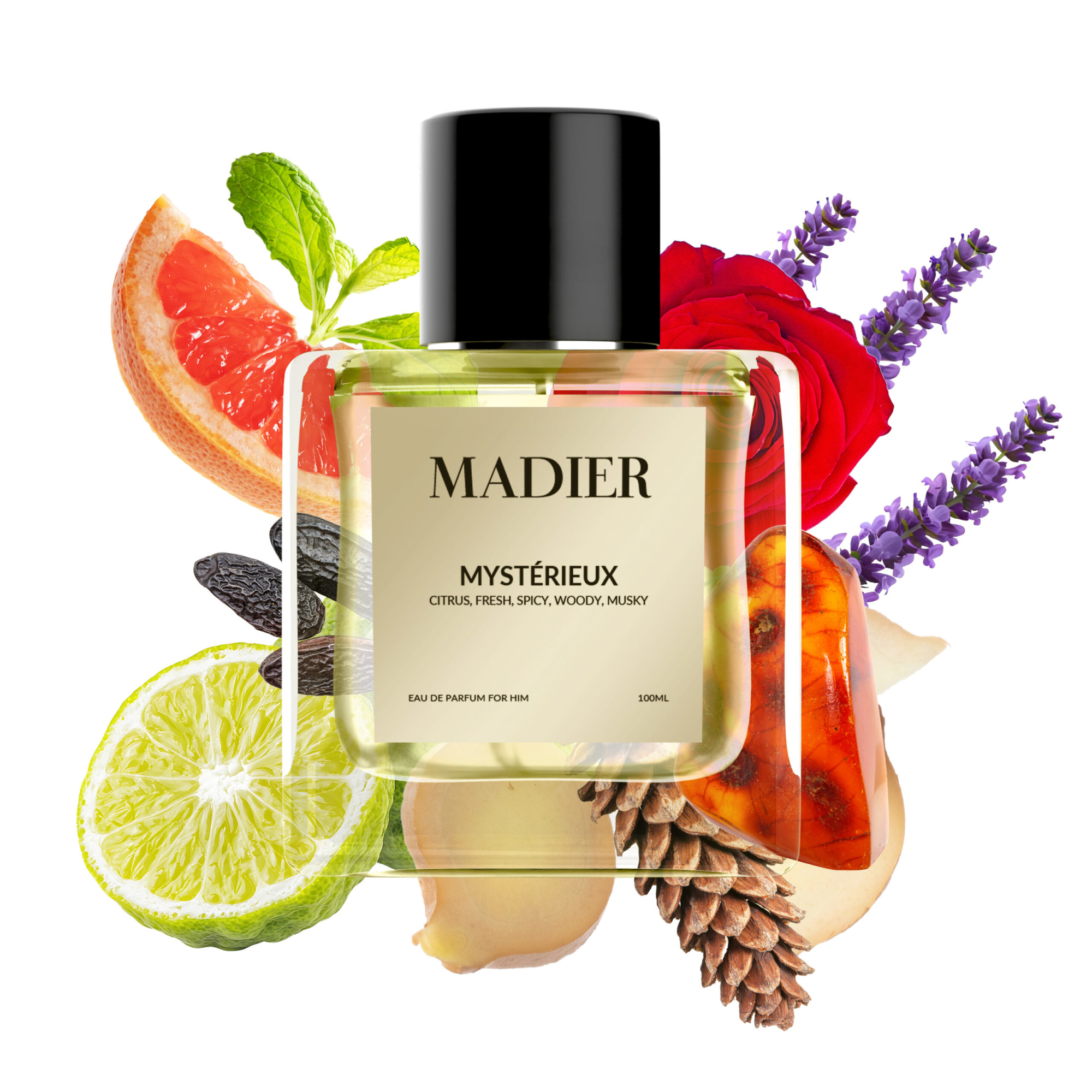 Luxury MADIER Mystérieux perfume bottle surrounded by citrus, florals, and spices on a white background.