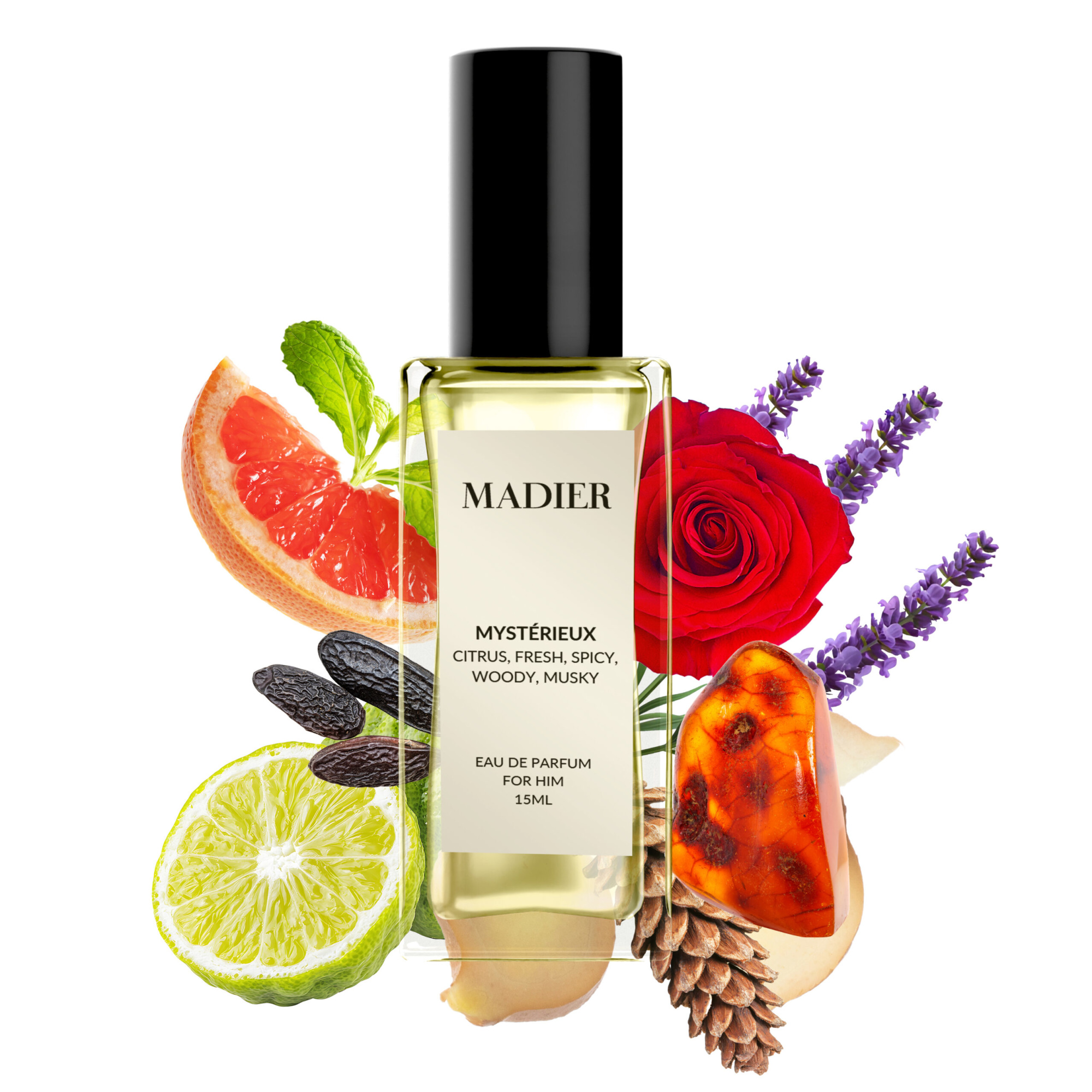 Luxury Madier perfume bottle surrounded by citrus, floral, and woody ingredients on a white background.