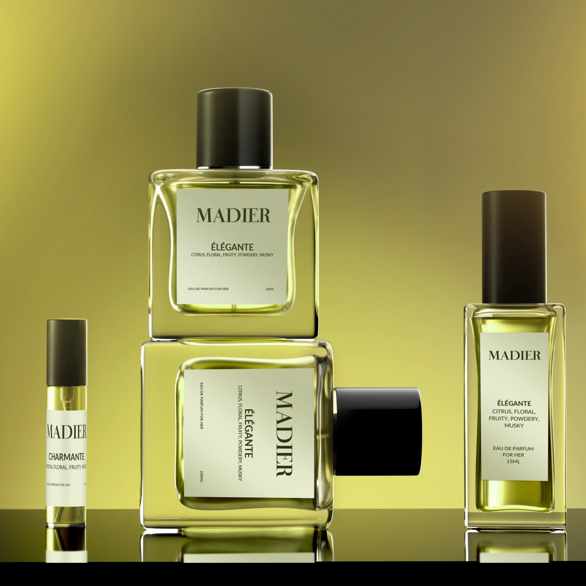 Elegant Madier perfume bottles arranged on a reflective surface with a golden background.