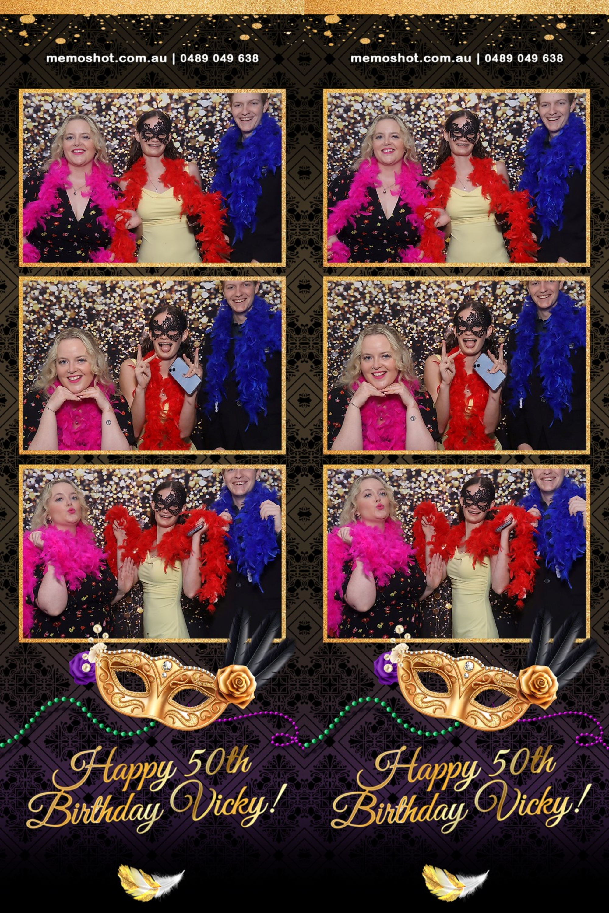 Photo booth strip of guests in colorful feather boas and a masquerade mask posing against a glitter backdrop.