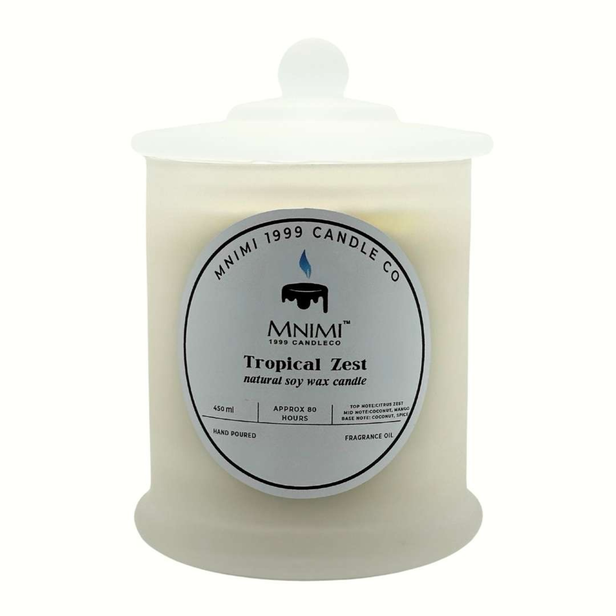 White lidded soy candle labeled Tropical Zest, suitable for romantic wedding decor or favors.