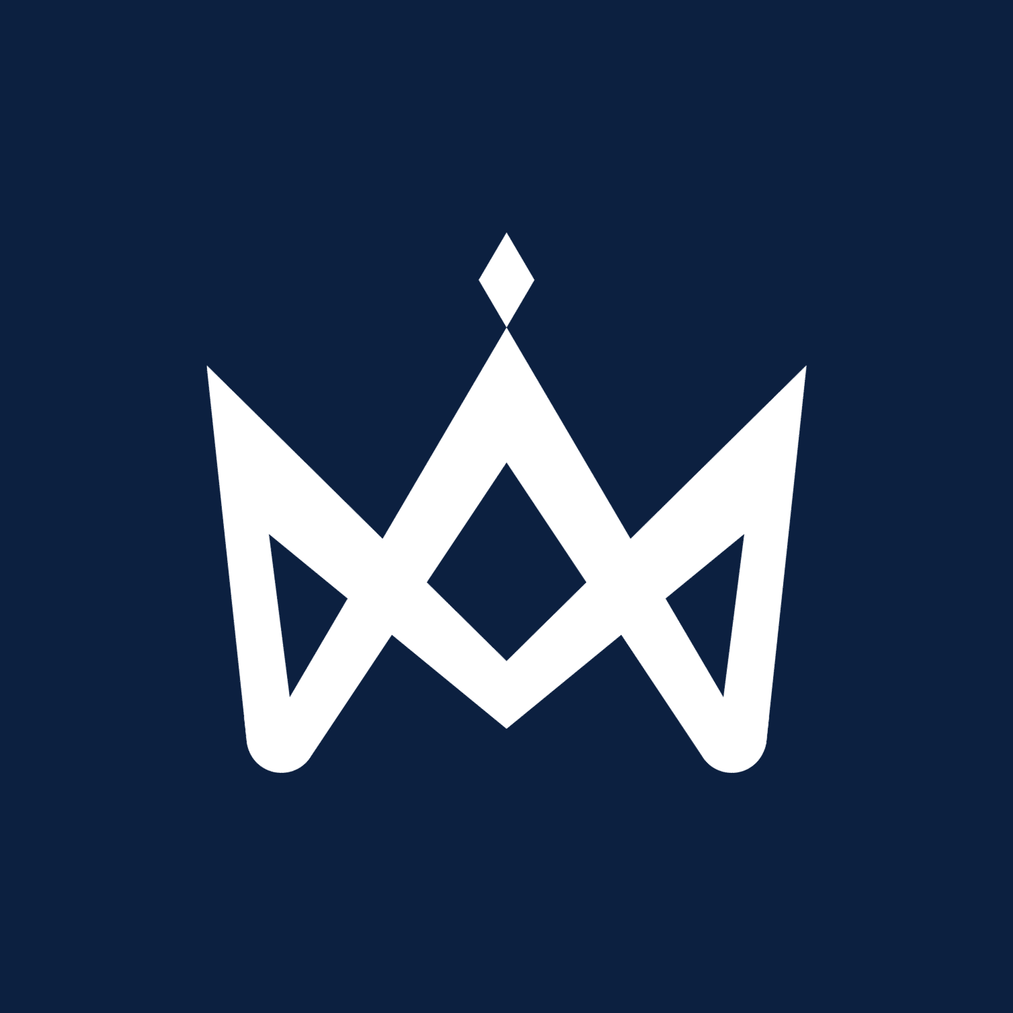 Minimal white geometric crown logo on a dark navy background