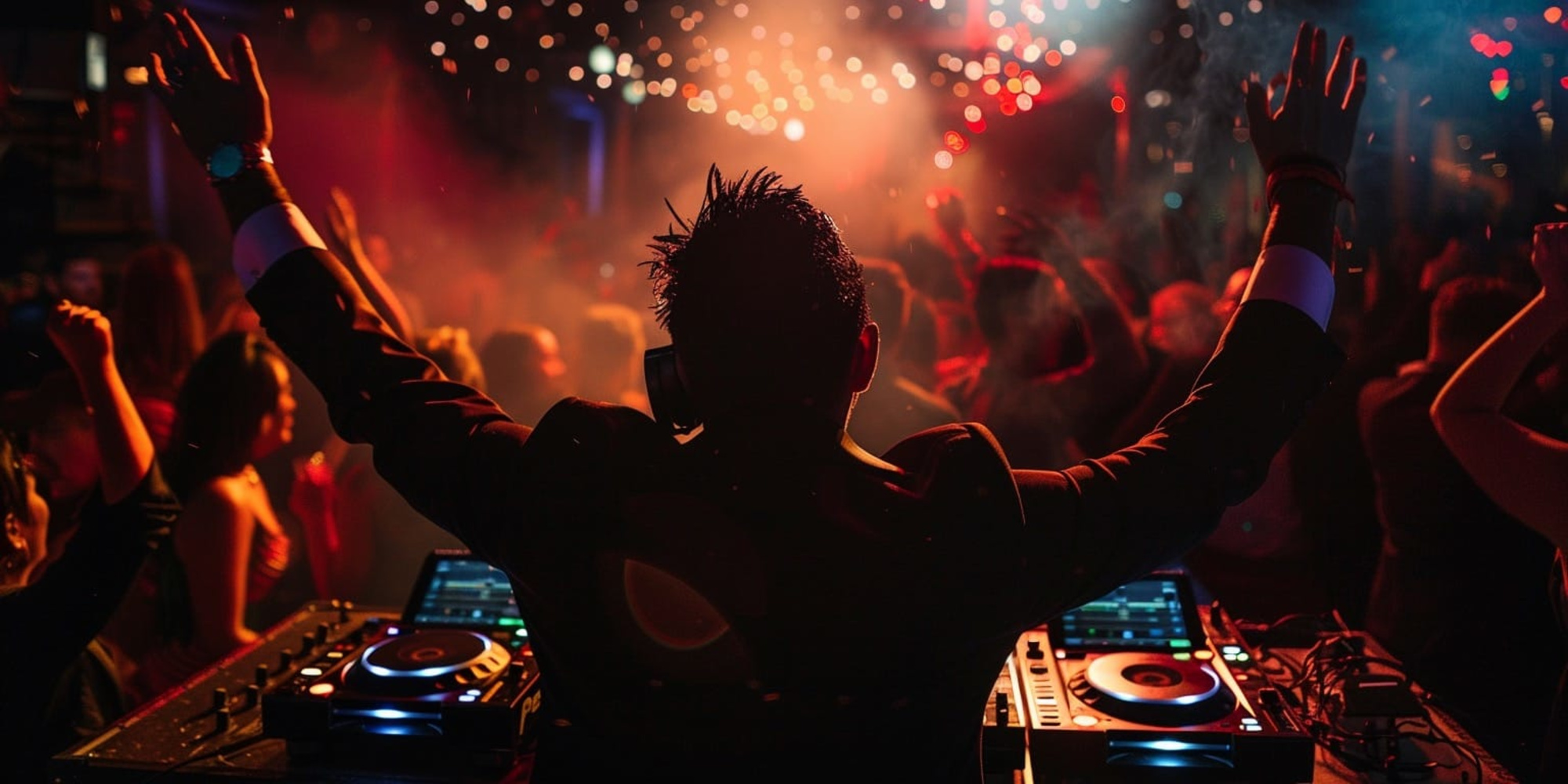 DJ performing for a packed wedding dance floor under colorful lights and party atmosphere.