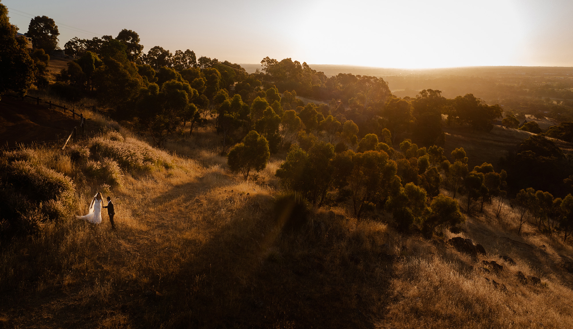 Bride and groom walk through a golden hillside field at sunset surrounded by trees and sweeping countryside views.