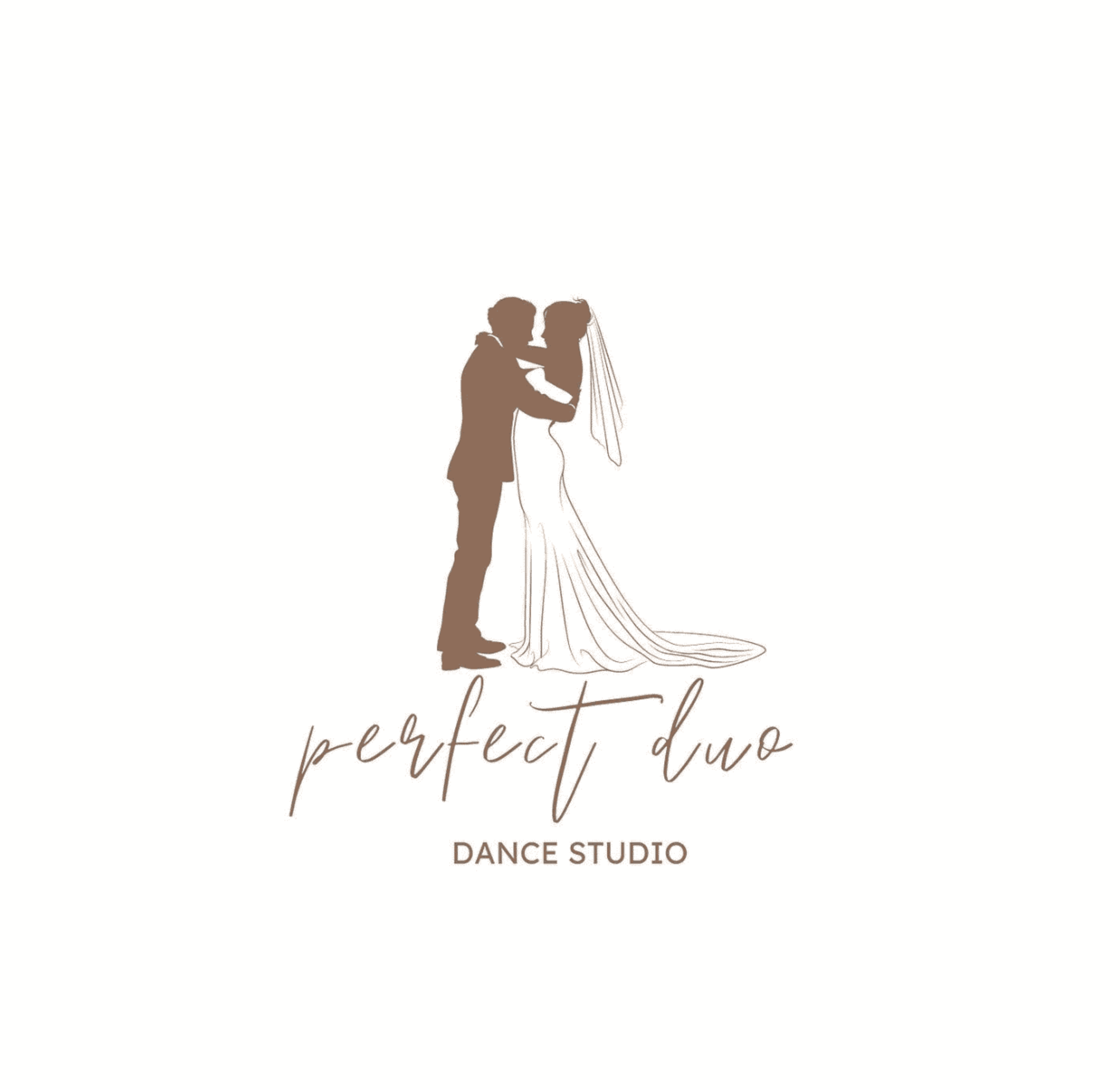 Minimal wedding dance studio logo featuring a silhouetted bride and groom embracing with elegant script text.