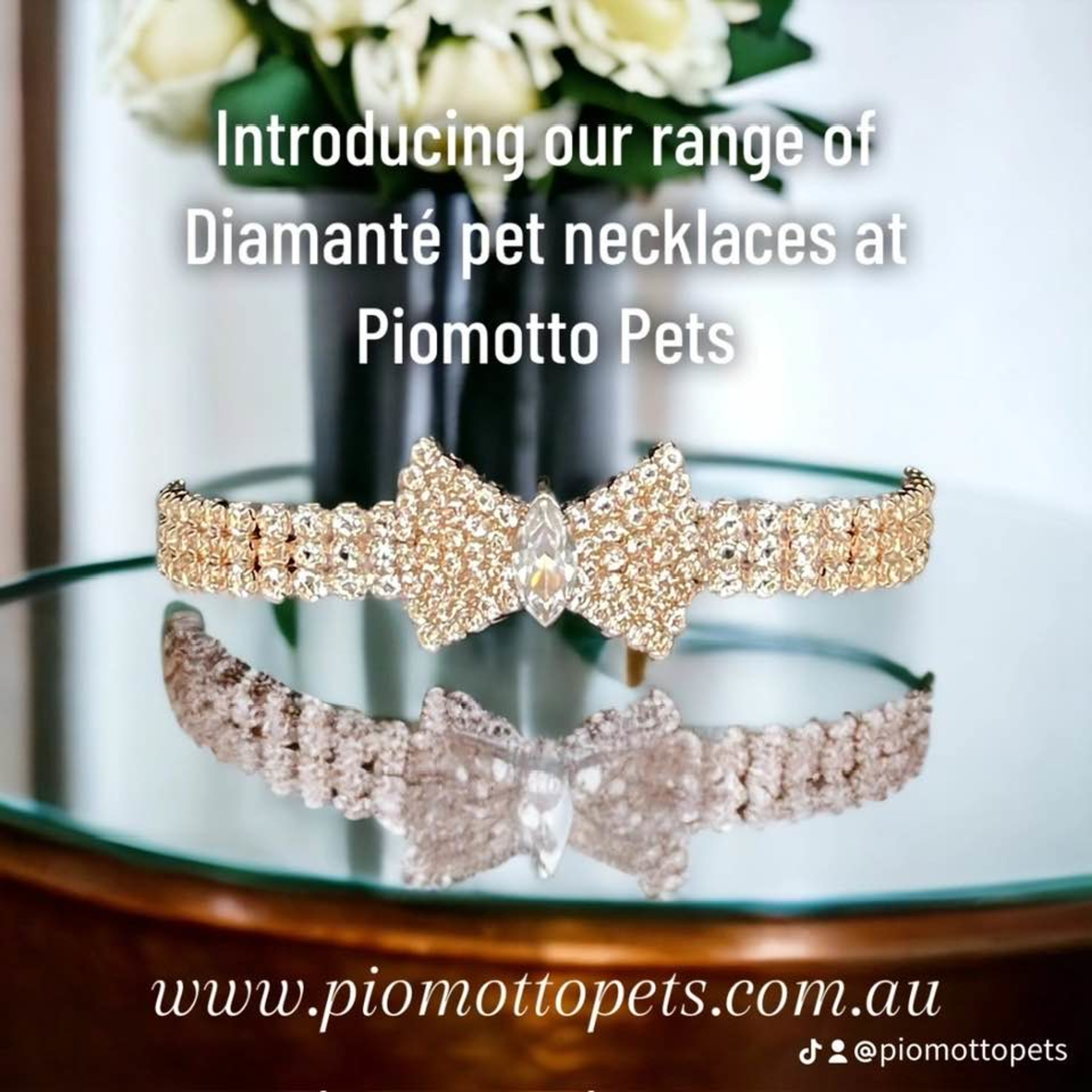 Gold diamante pet necklace displayed on a glass table with soft floral background.