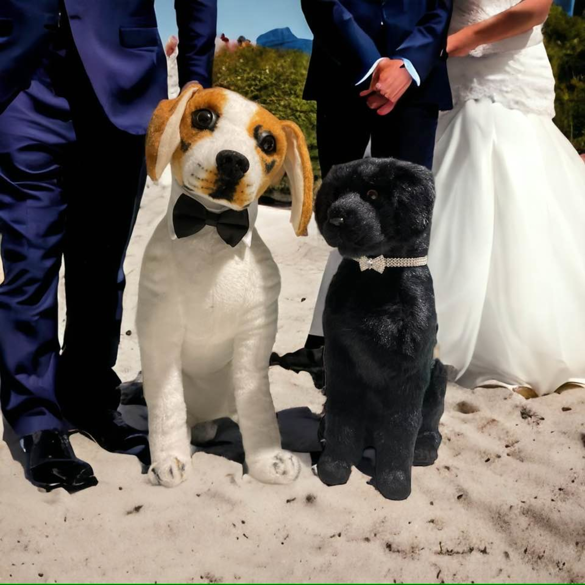 Stuffed dogs dressed for a beach wedding posed in front of a bride and groom.