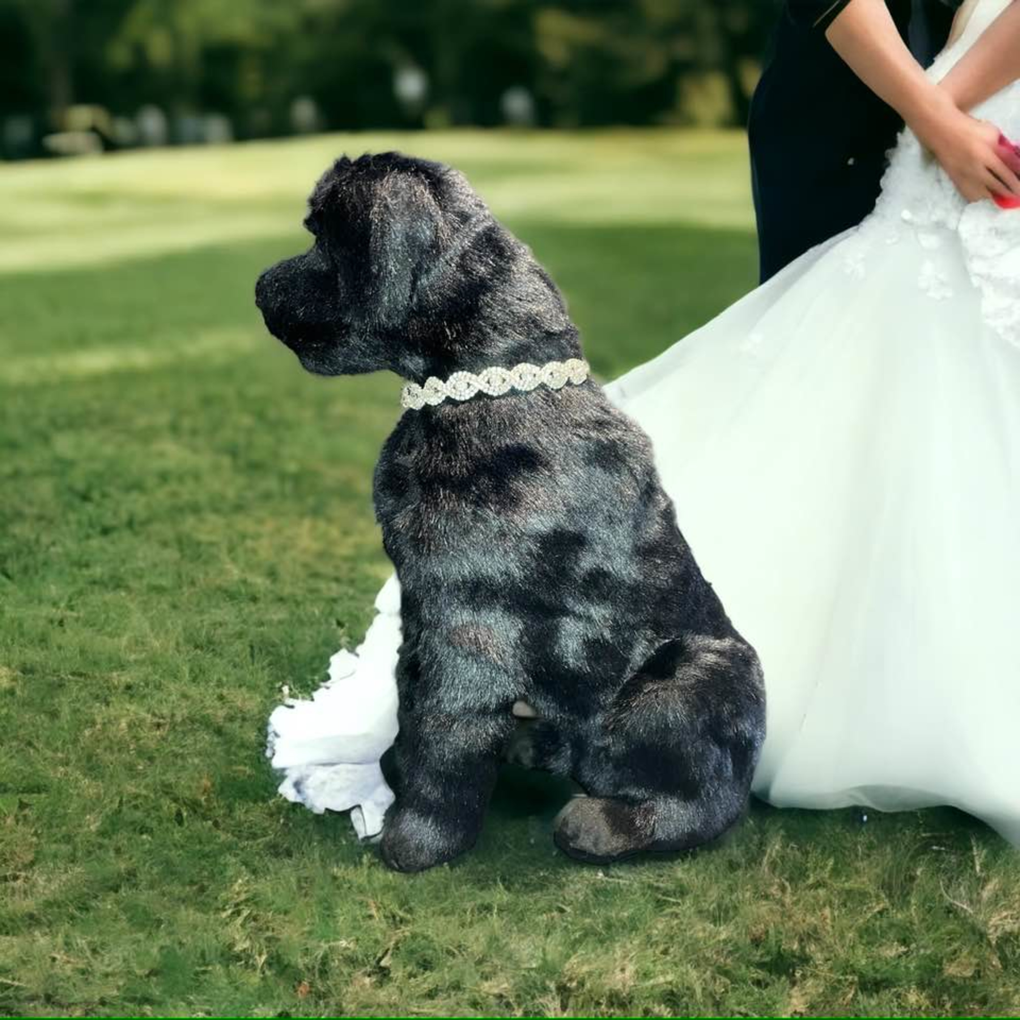 Bride in a white gown poses on a lawn beside a dog wearing a decorative collar.