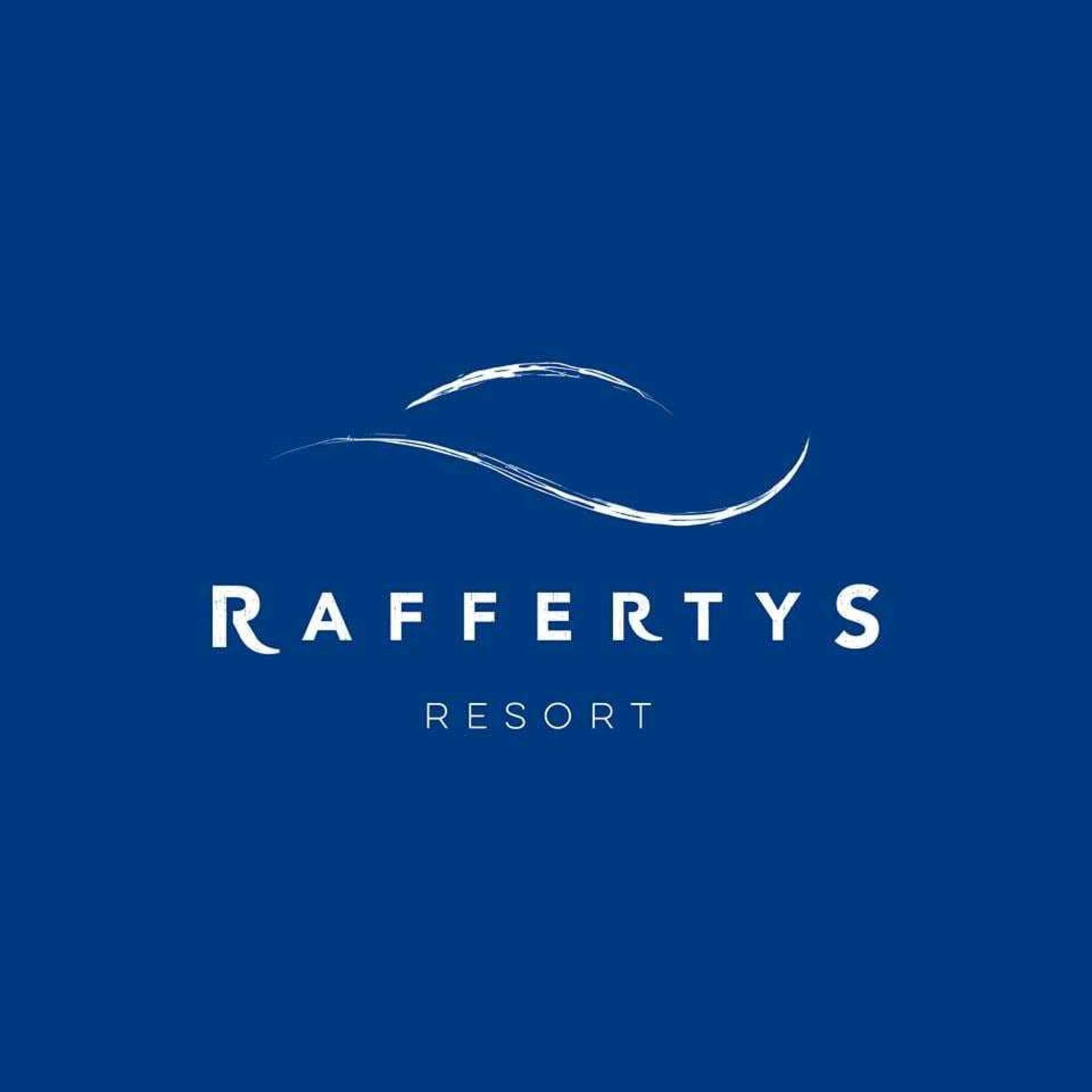 Raffertys Resort logo with stylized wave graphic on a solid blue background.
