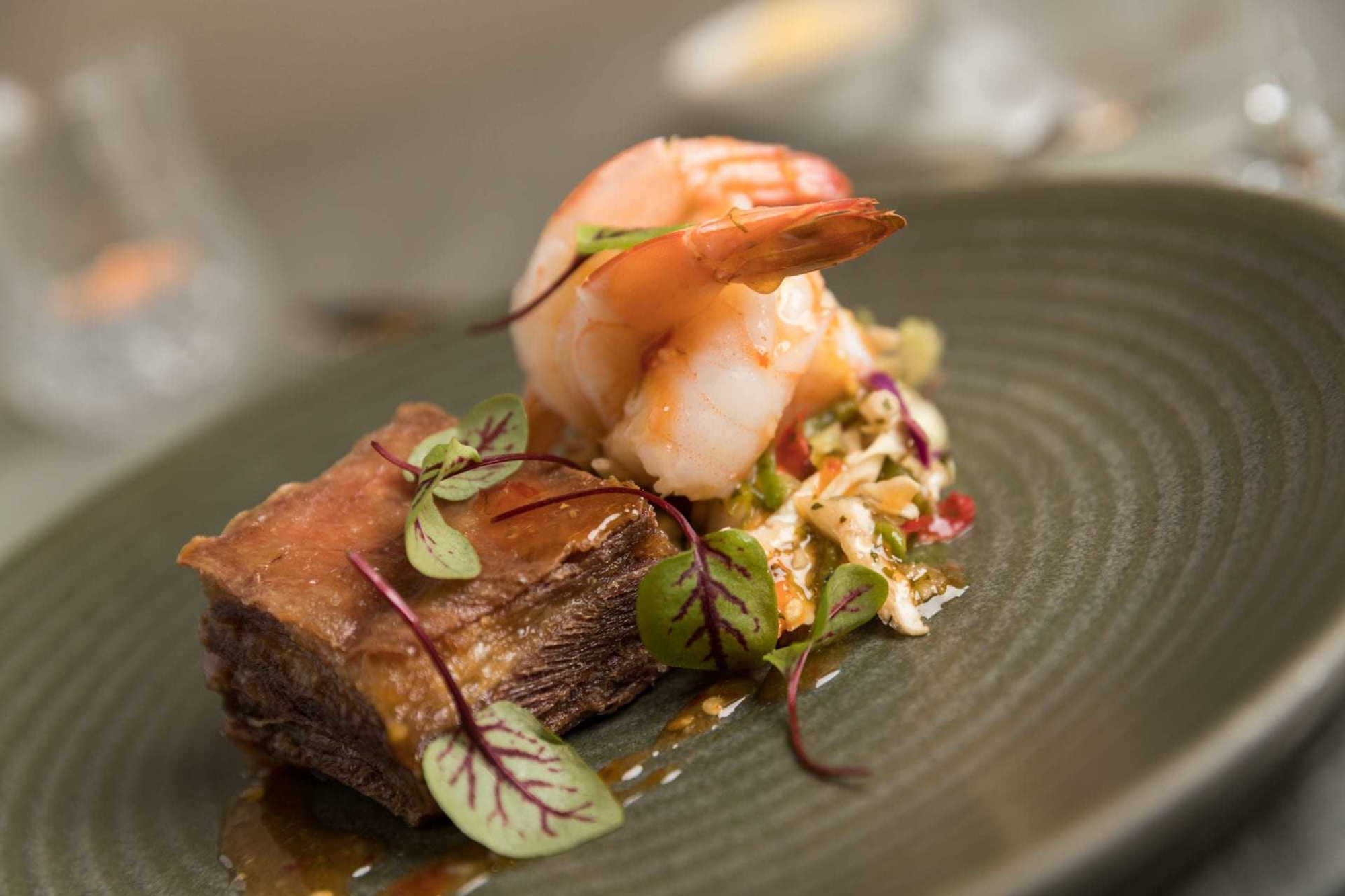 Gourmet plated entree with shrimp and braised beef garnished with microgreens on a textured plate.