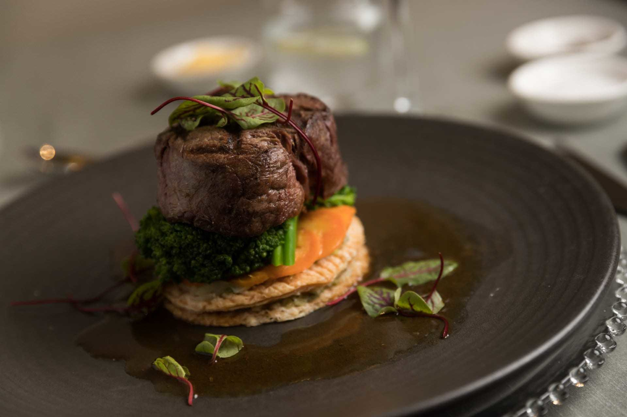 Gourmet plated beef entree with vegetables and sauce on a dark elegant plate.