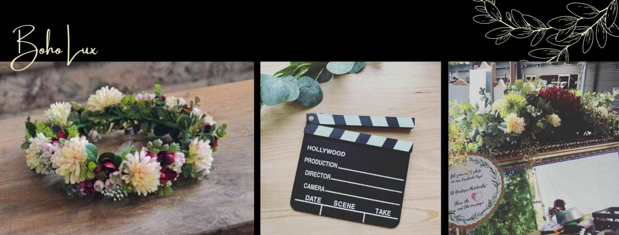 Boho Lux wedding styling collage with flower crown, clapperboard prop and floral mirror photo booth display.