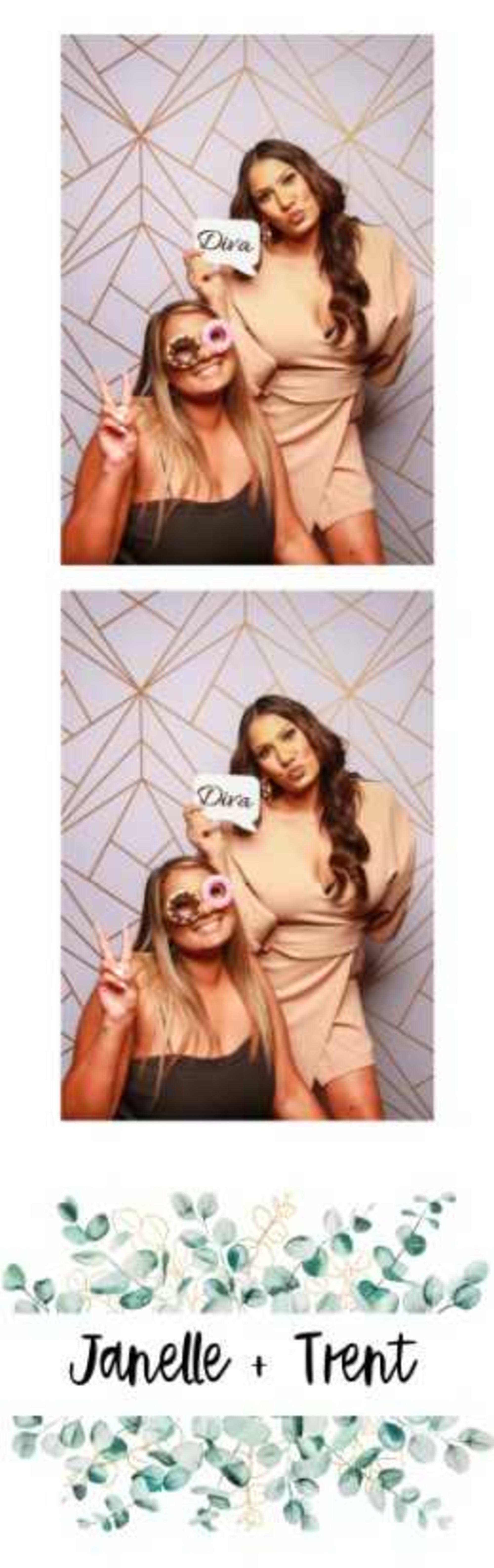 Vertical wedding photo booth strip with two women posing playfully above greenery and the names Janelle and Trent.