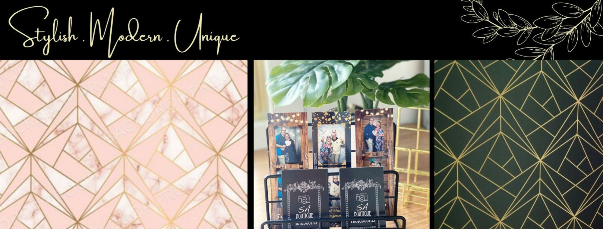 Modern wedding photo booth display with geometric pink and green backdrops and printed photo strips.