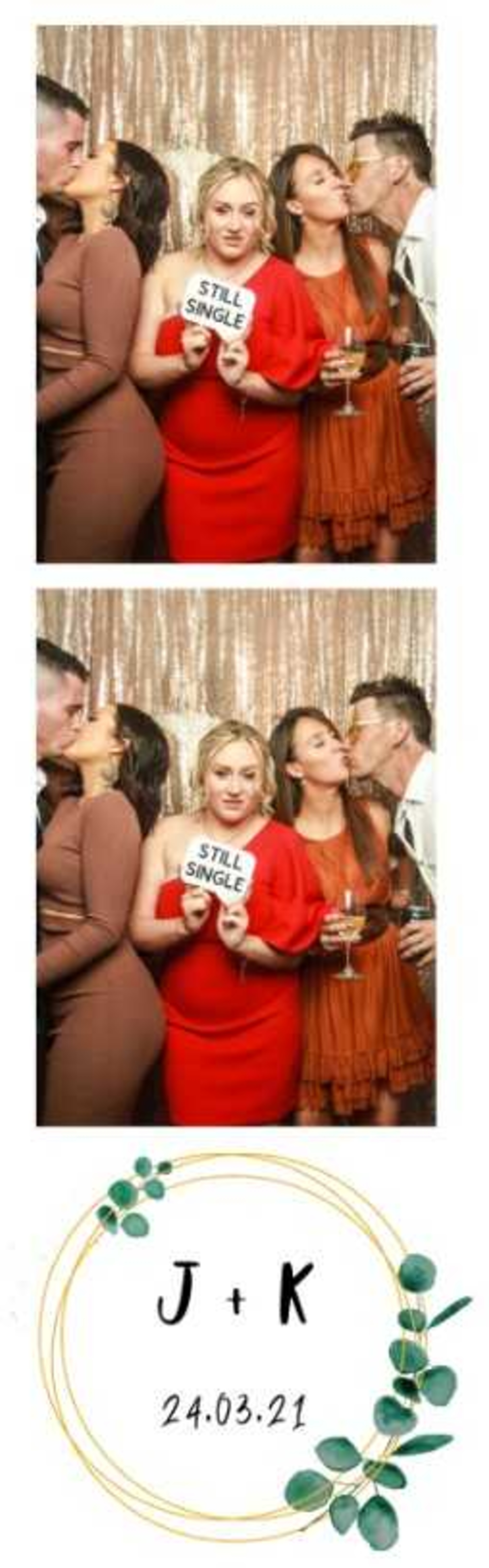 Wedding photobooth strip of guests posing with a still single sign above a J plus K date monogram.