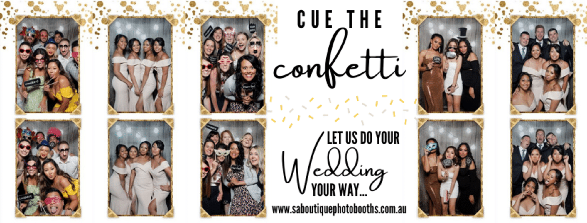 Photo booth wedding collage banner with fun guest snapshots and the phrase Cue the Confetti.