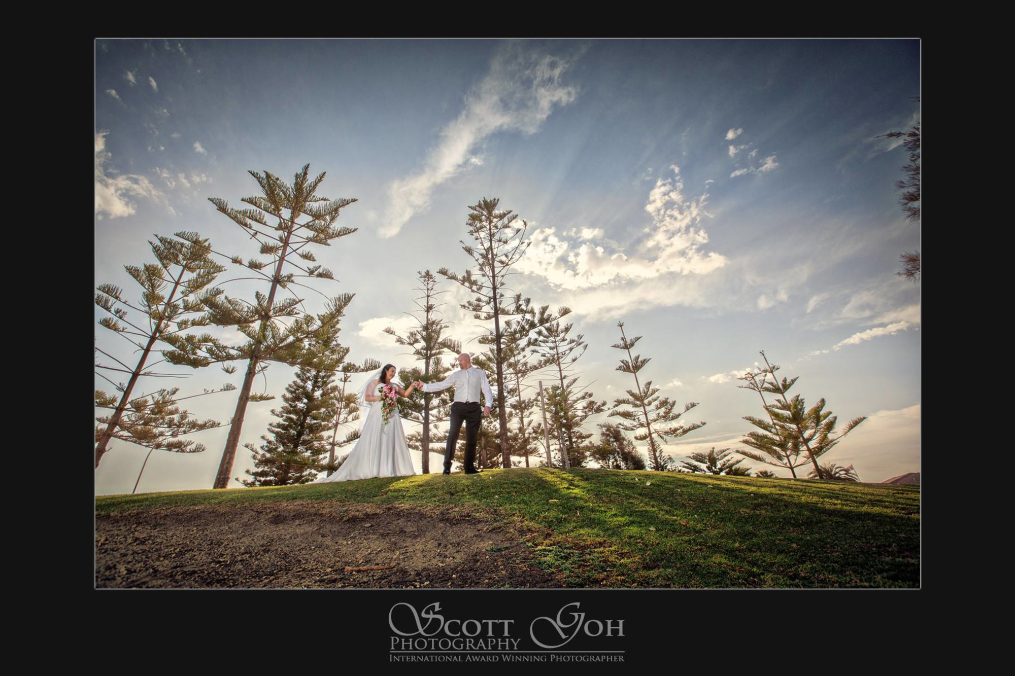 Bride and groom stand on a grassy hill surrounded by tall trees under a dramatic sky.