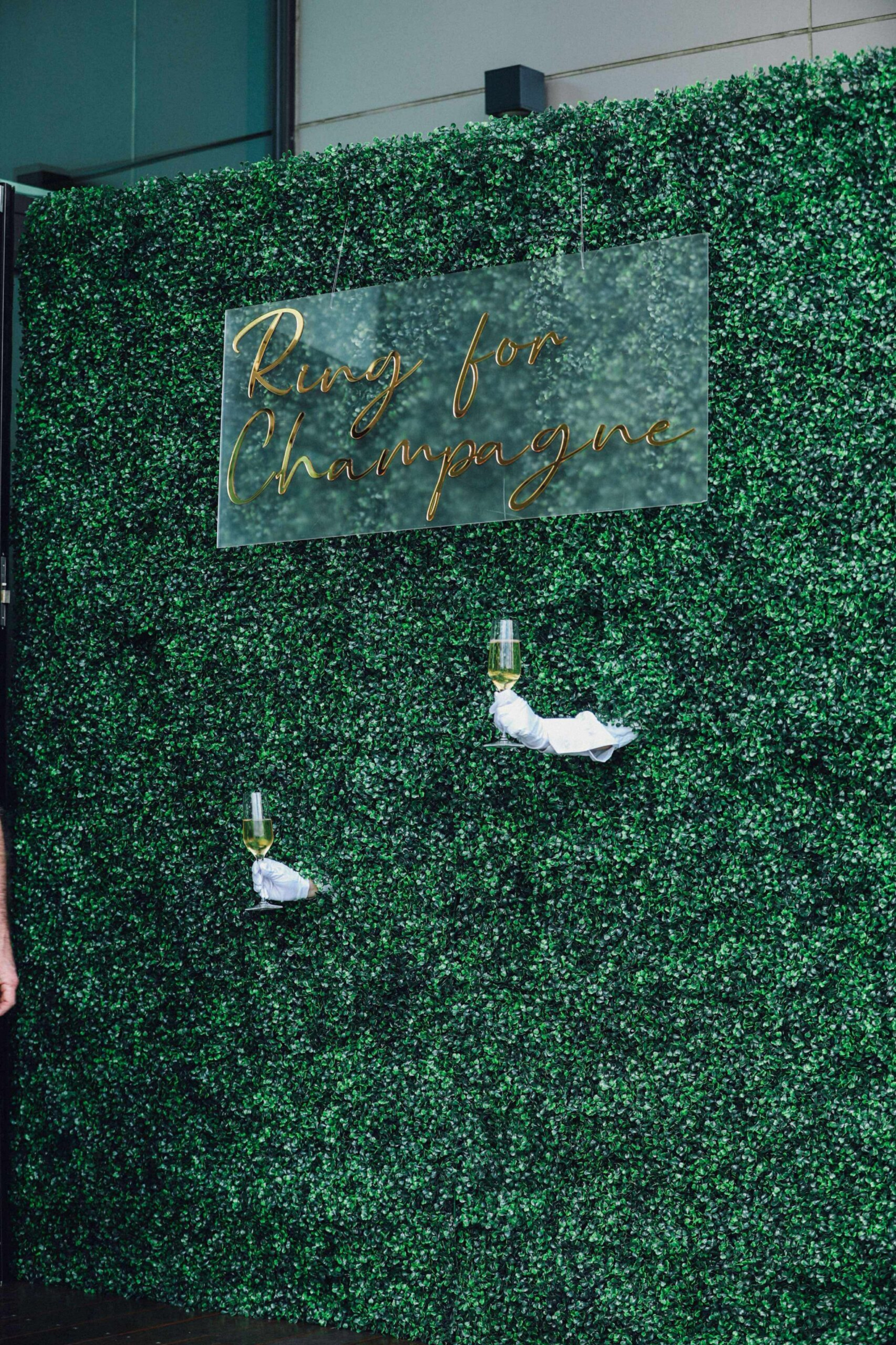 Greenery champagne wall with a clear sign reading Ring for Champagne and glasses served through the hedge.