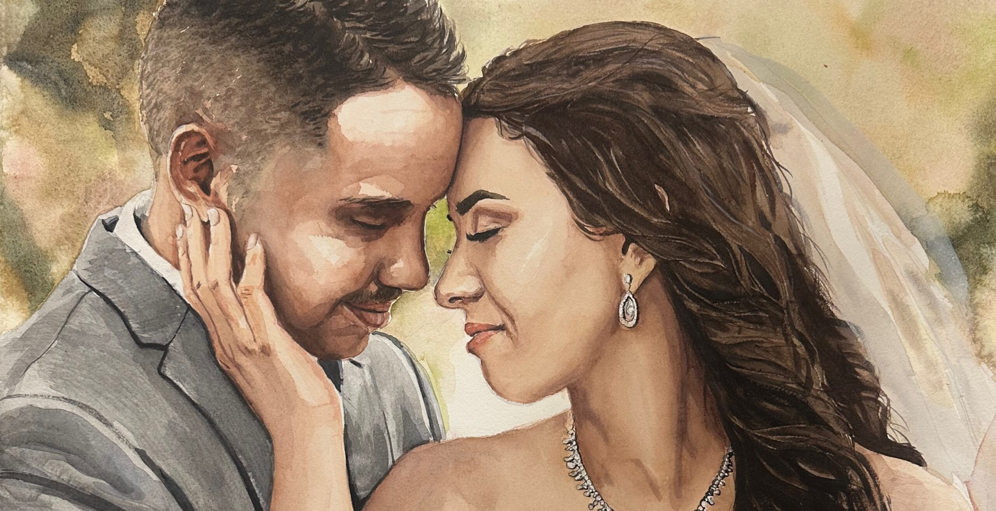 Romantic watercolor-style painting of a bride and groom touching foreheads on their wedding day.
