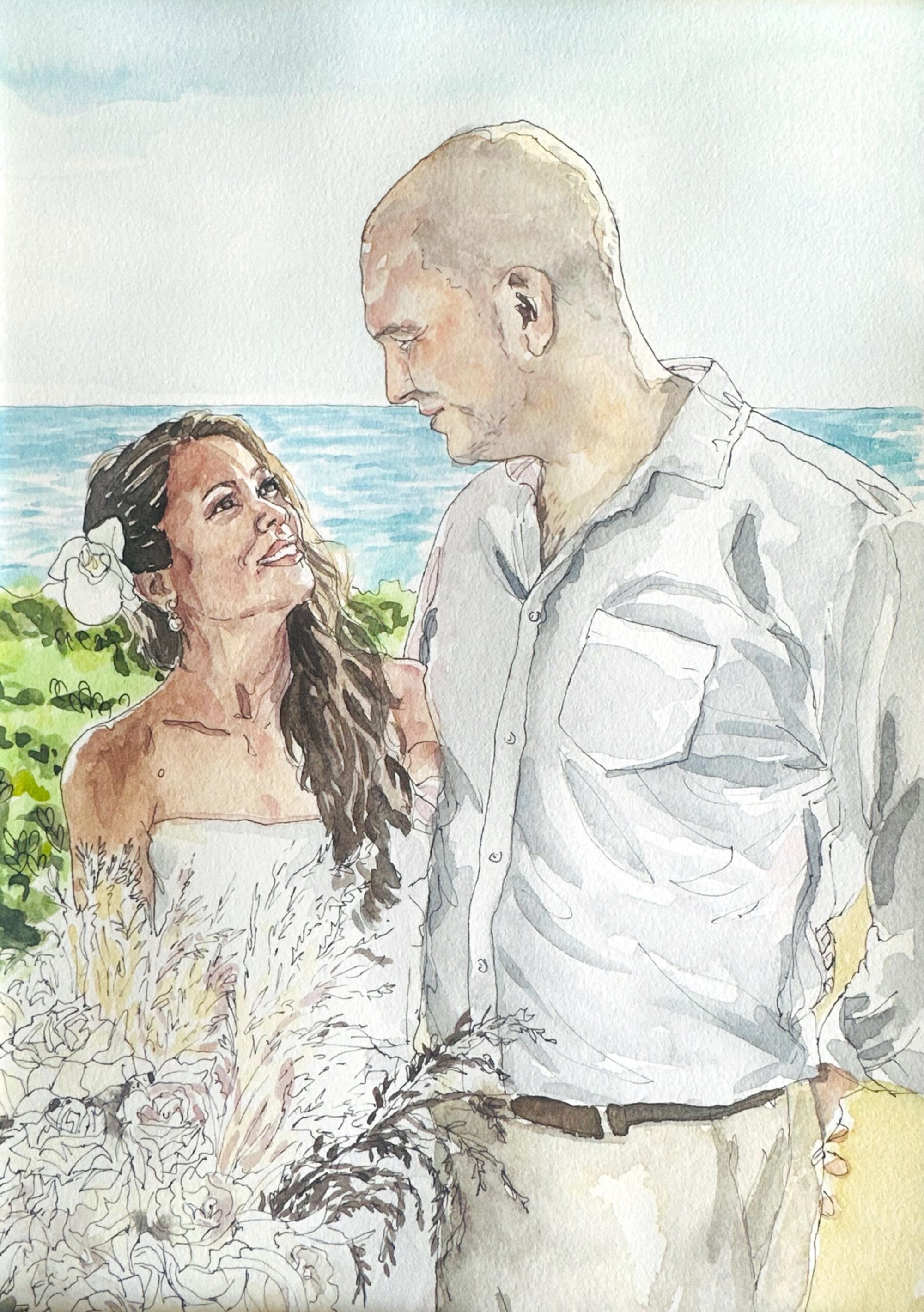 Watercolor-style illustration of a smiling wedding couple by the ocean holding a soft, textured bouquet.