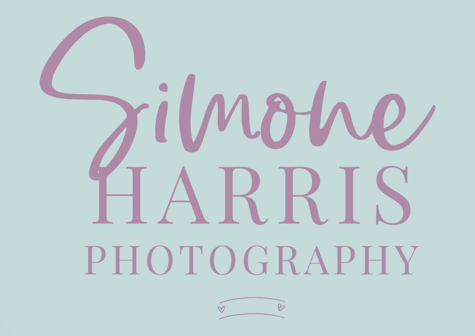 Logo for Simone Harris Photography in lilac script and serif text on a light blue background.