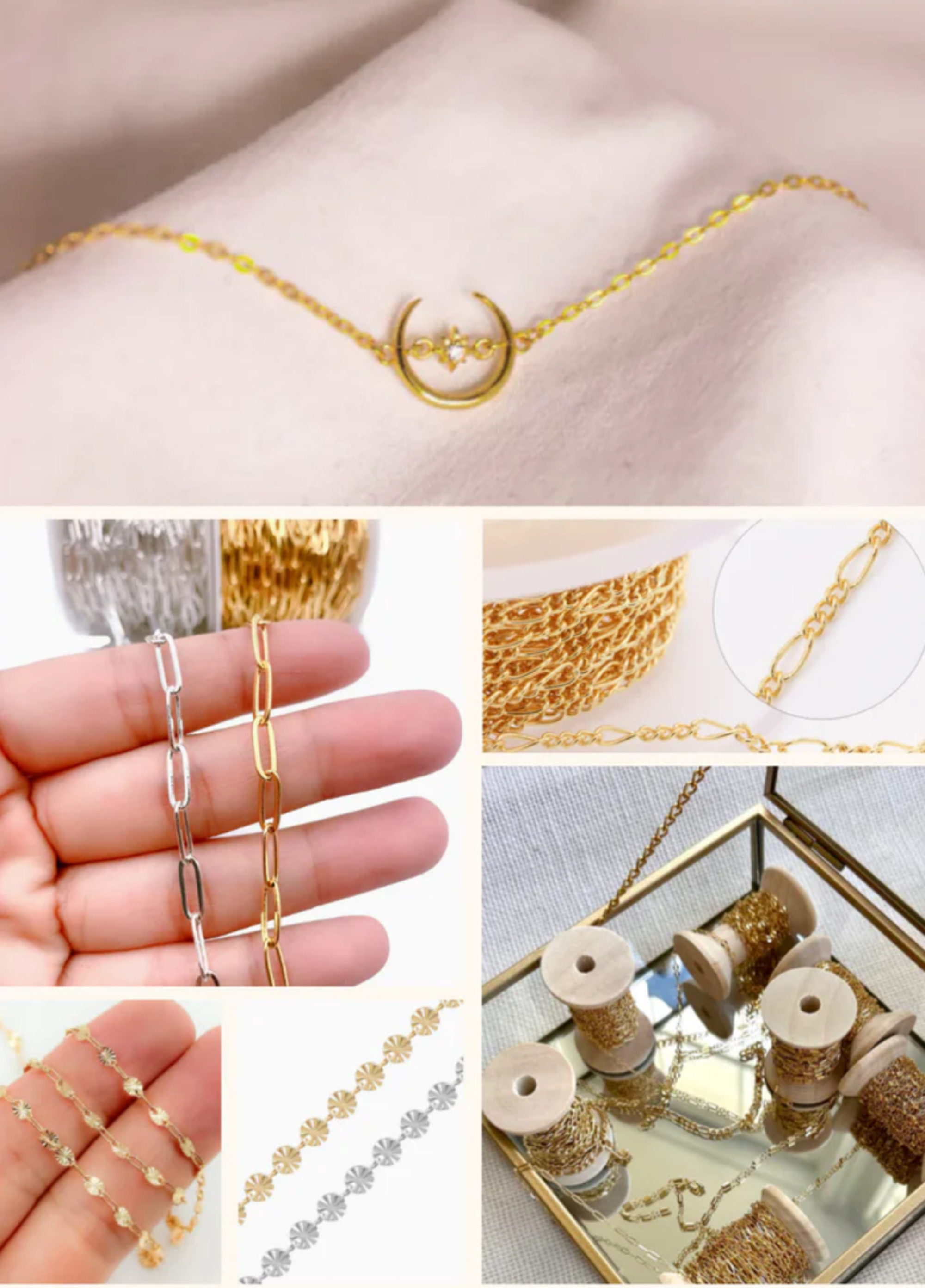 Collage of delicate gold and silver chains and spools of metallic thread for bridal jewelry and wedding accessories.