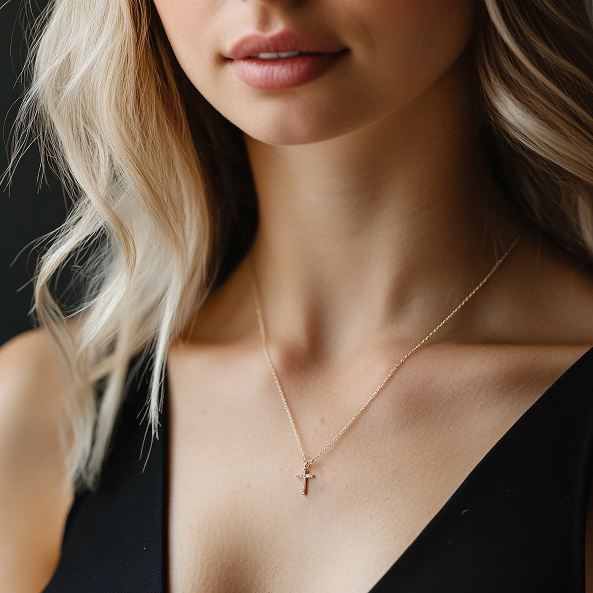 Close-up of a woman wearing a delicate gold cross necklace with a black dress, showing a soft bridal beauty look.