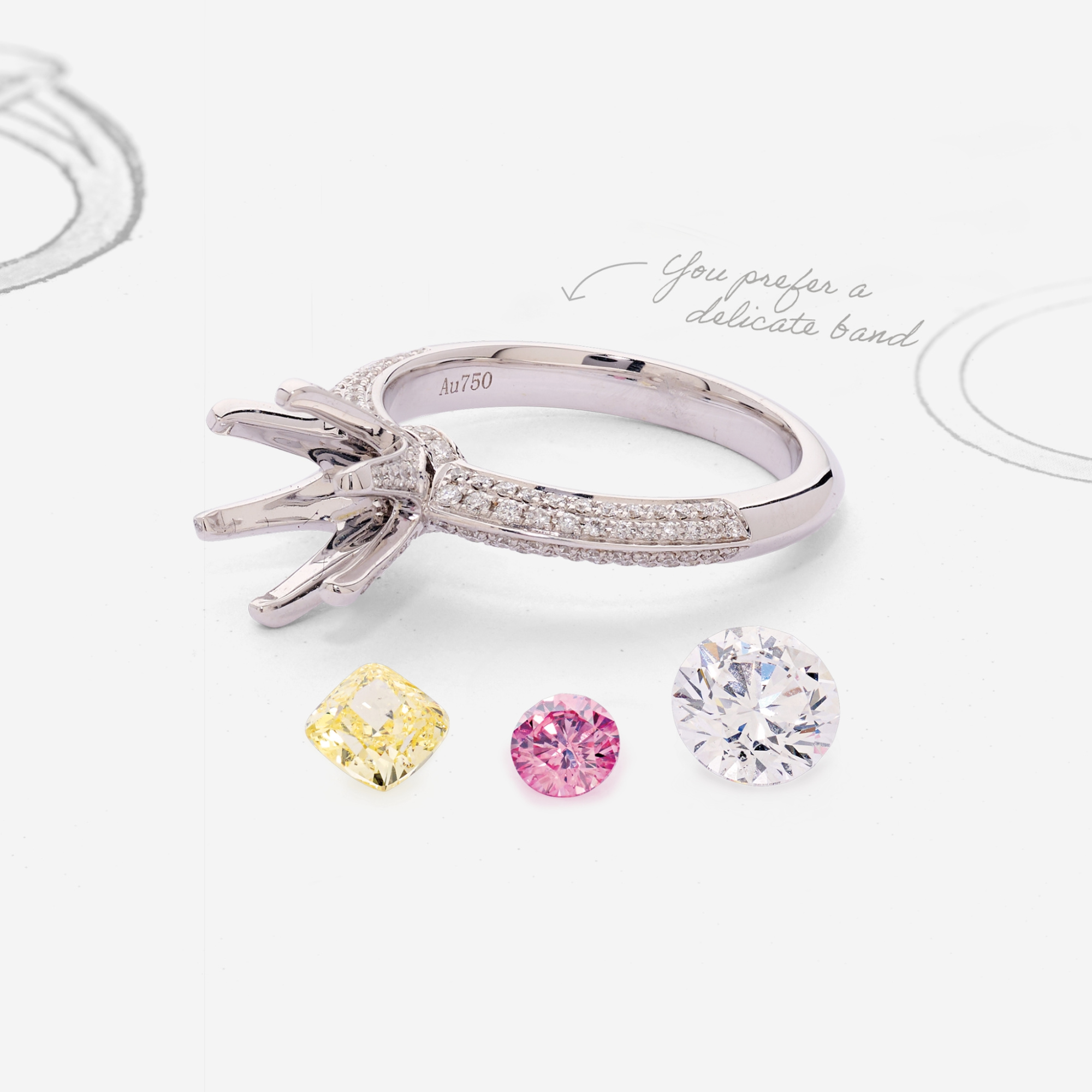 Delicate pavé engagement ring setting displayed with loose yellow, pink, and white gemstones on a light background.