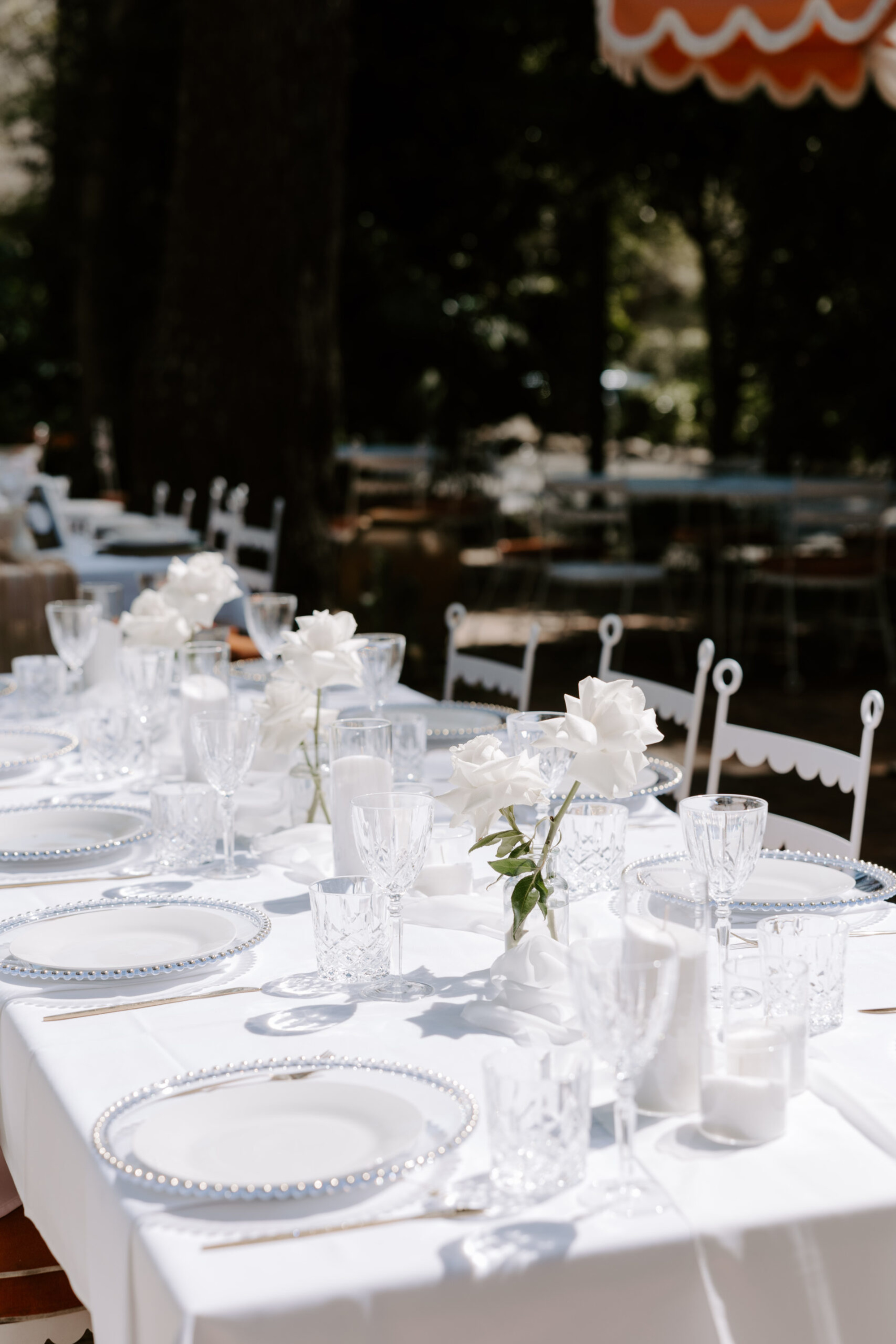 Elegant outdoor wedding reception table set with white roses, crystal glassware, and white linens.