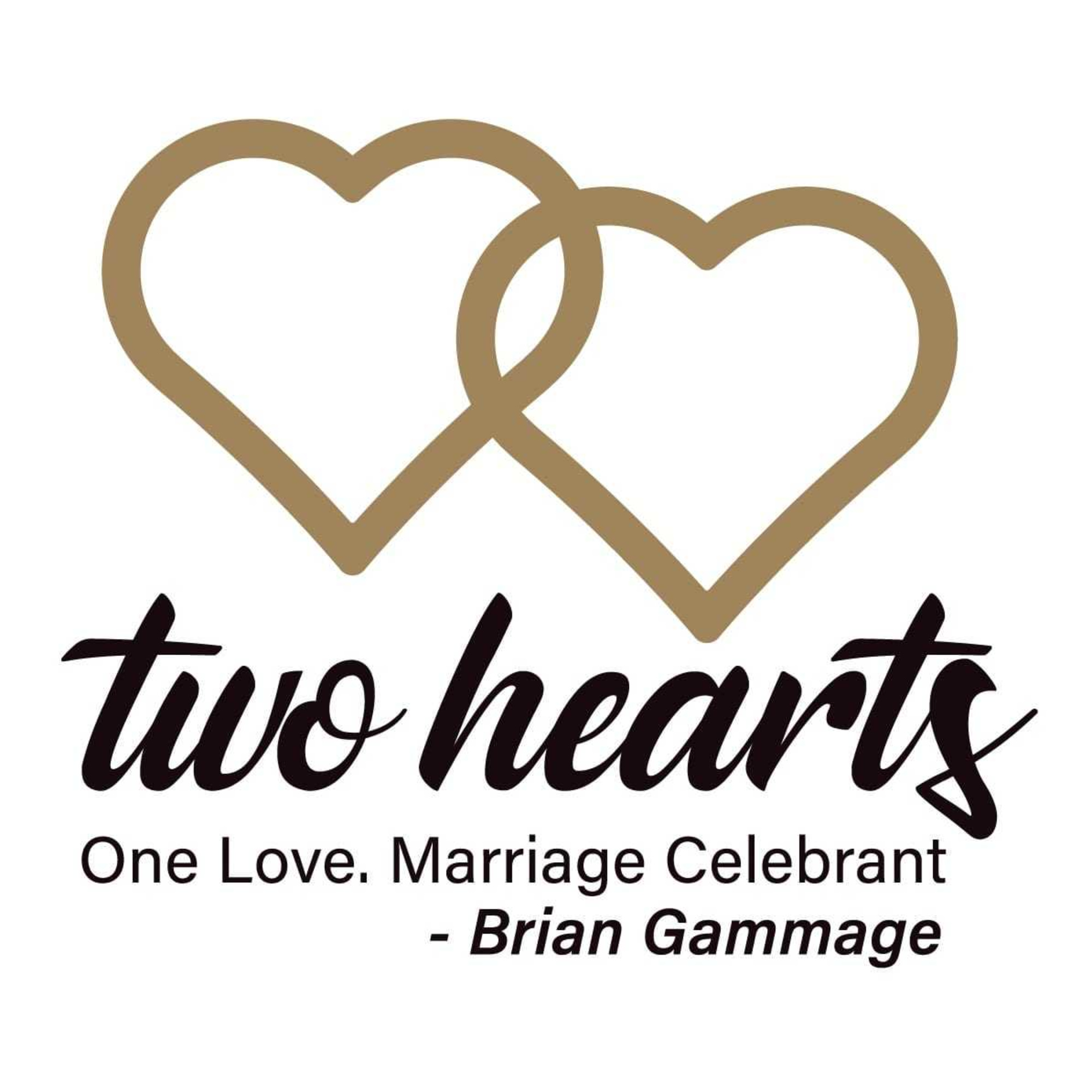 Two interlocking heart outline logo with the text Two Hearts One Love Marriage Celebrant Brian Gammage