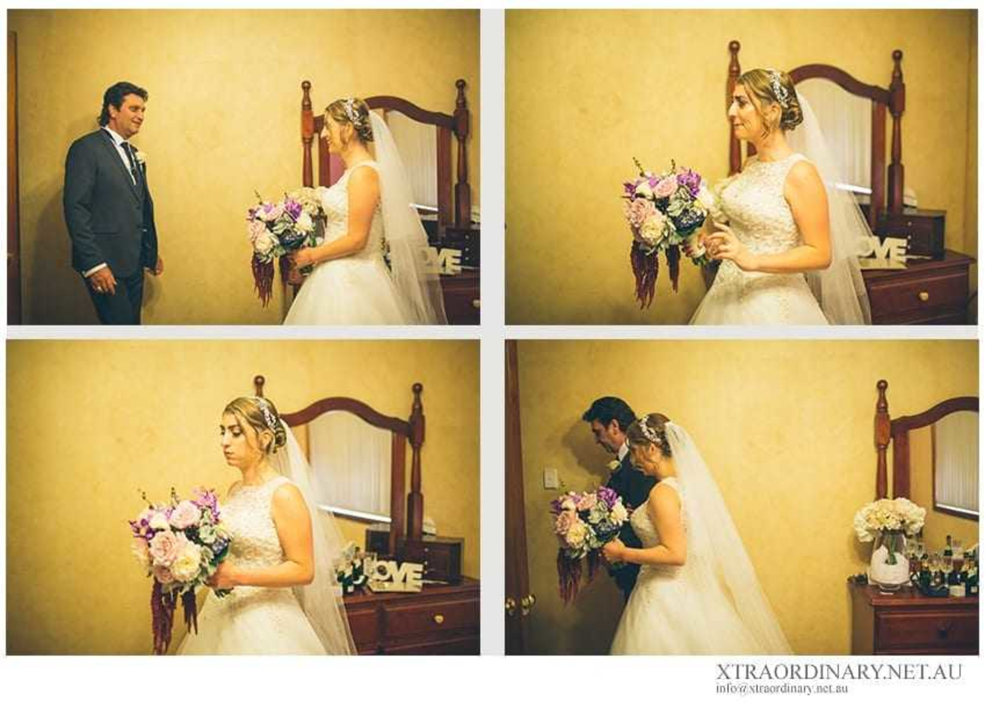 Collage of a bride sharing an emotional first-look moment with her father in a warm, indoor room.