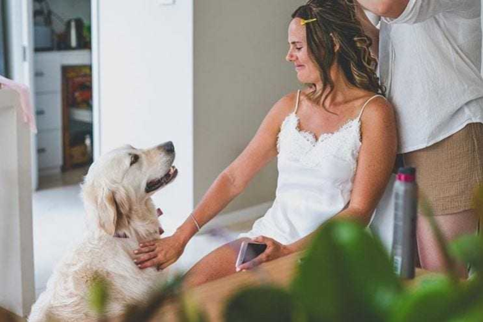 Bride in a white slip dress pets her dog while getting her hair styled on the wedding morning.