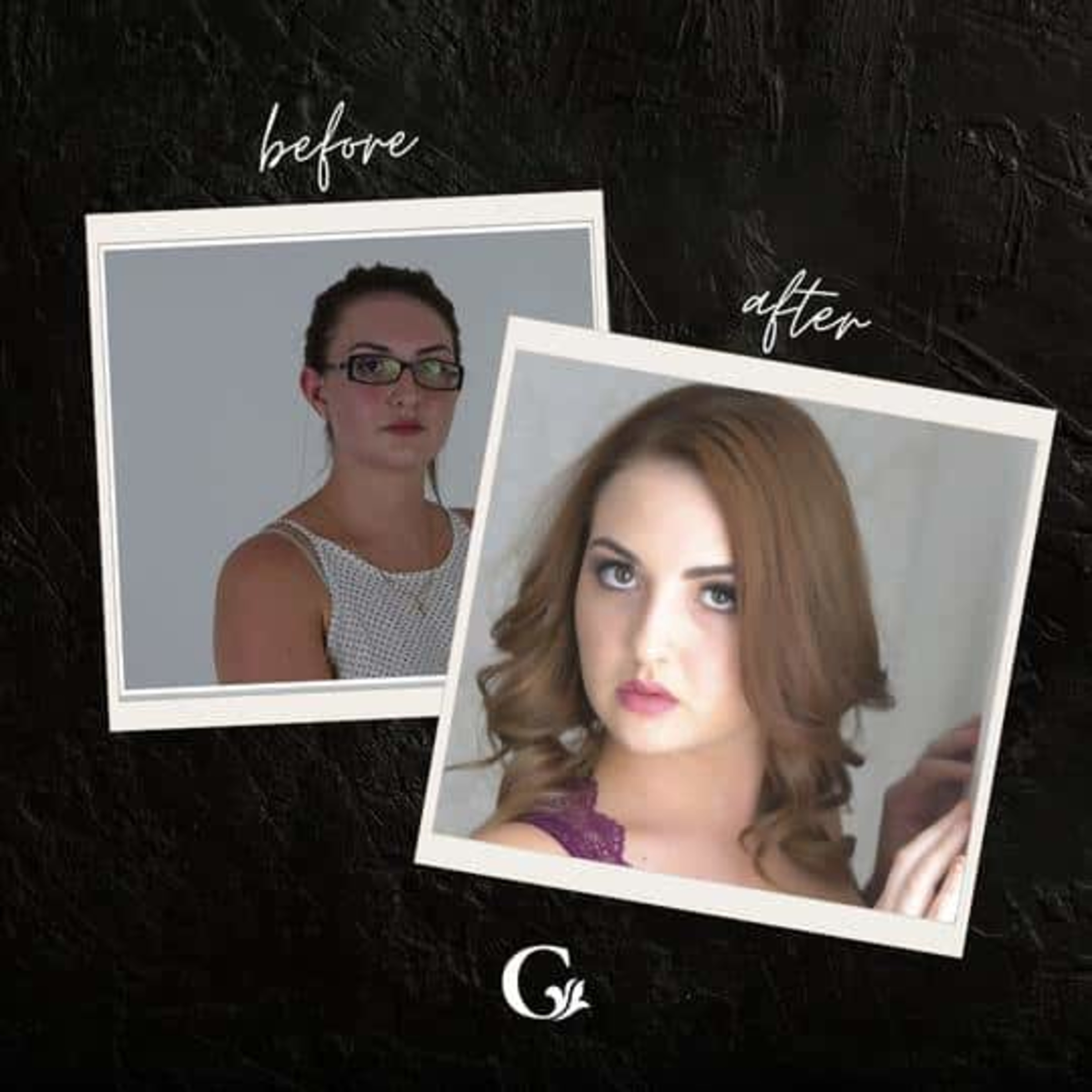 Before-and-after collage showing a woman transformed with glamorous bridal makeup and hair.