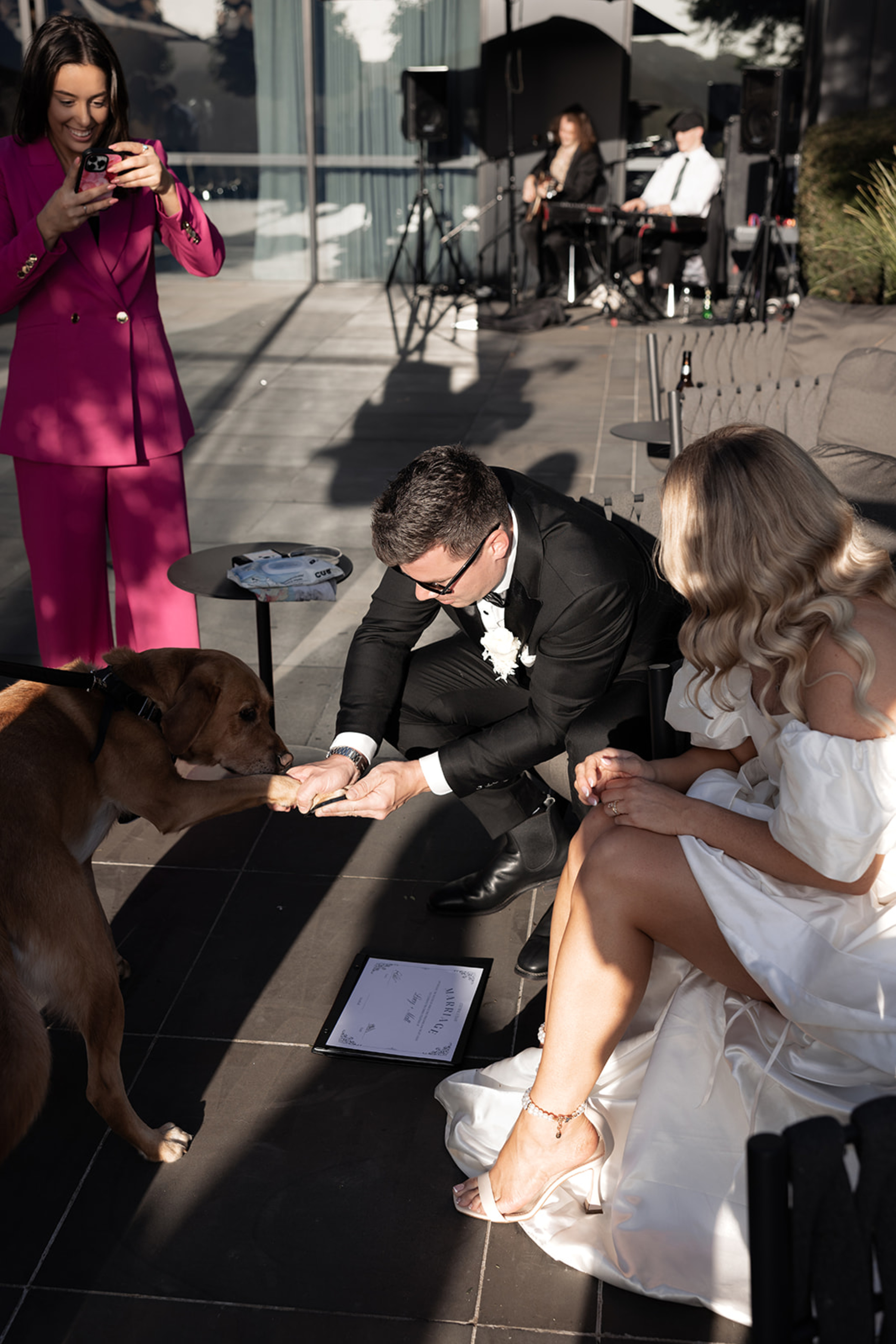 Groom and bride share a playful moment with their dog during an outdoor wedding ceremony.