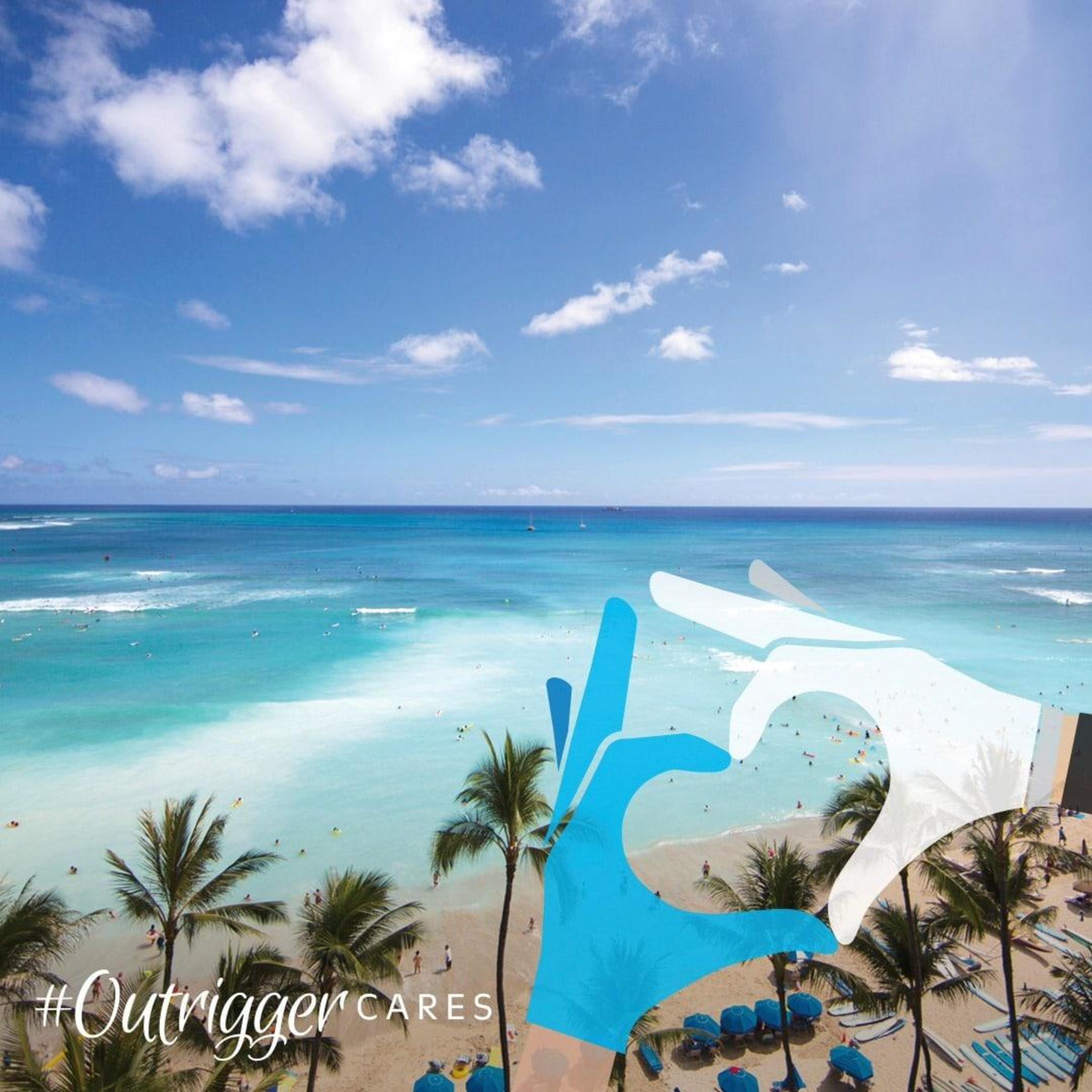 Tropical beachfront with palm trees and turquoise ocean, viewed from above with illustrated hands forming a heart.