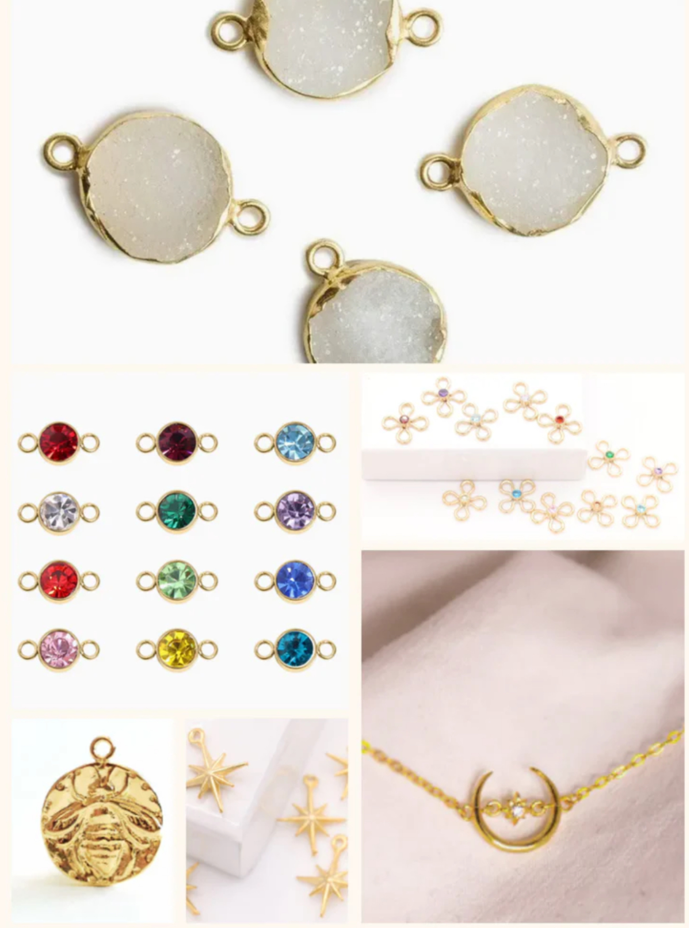 Assorted gold charms and a delicate crescent moon necklace displayed for wedding or bridal jewelry.
