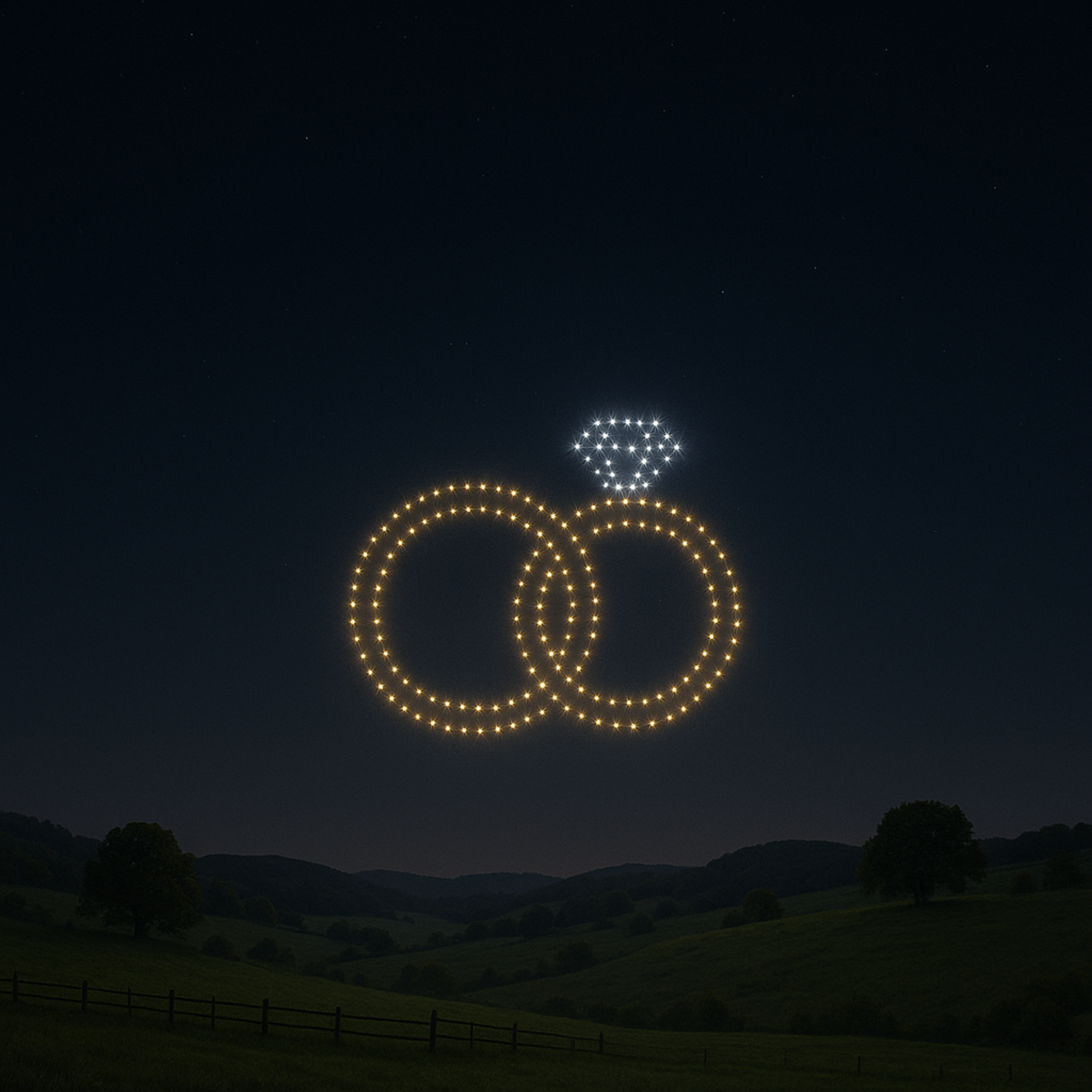 Drone lights form interlocking wedding rings with a diamond above a dark countryside landscape at night.