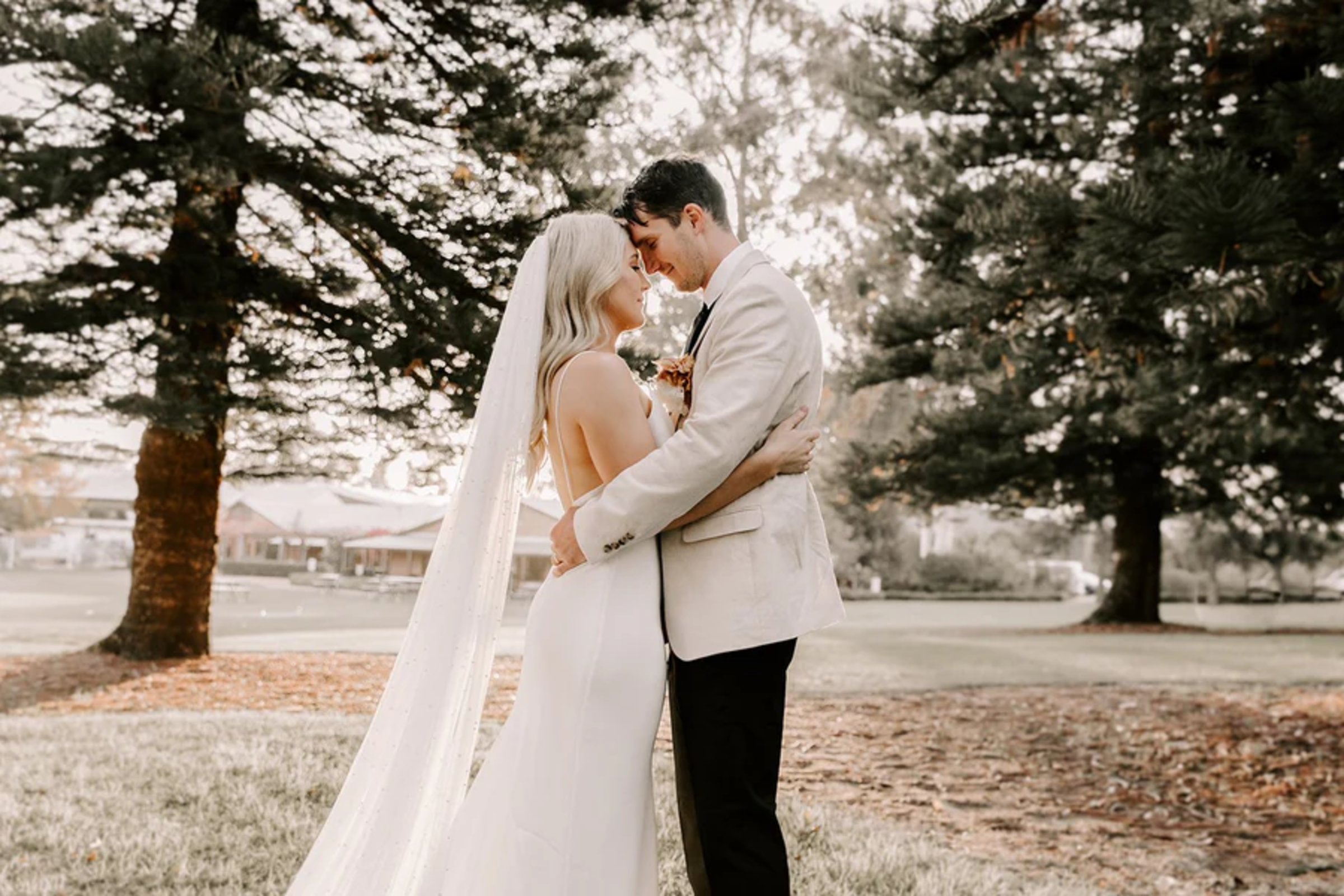 Bride and groom embrace in a sunlit outdoor park surrounded by tall trees.