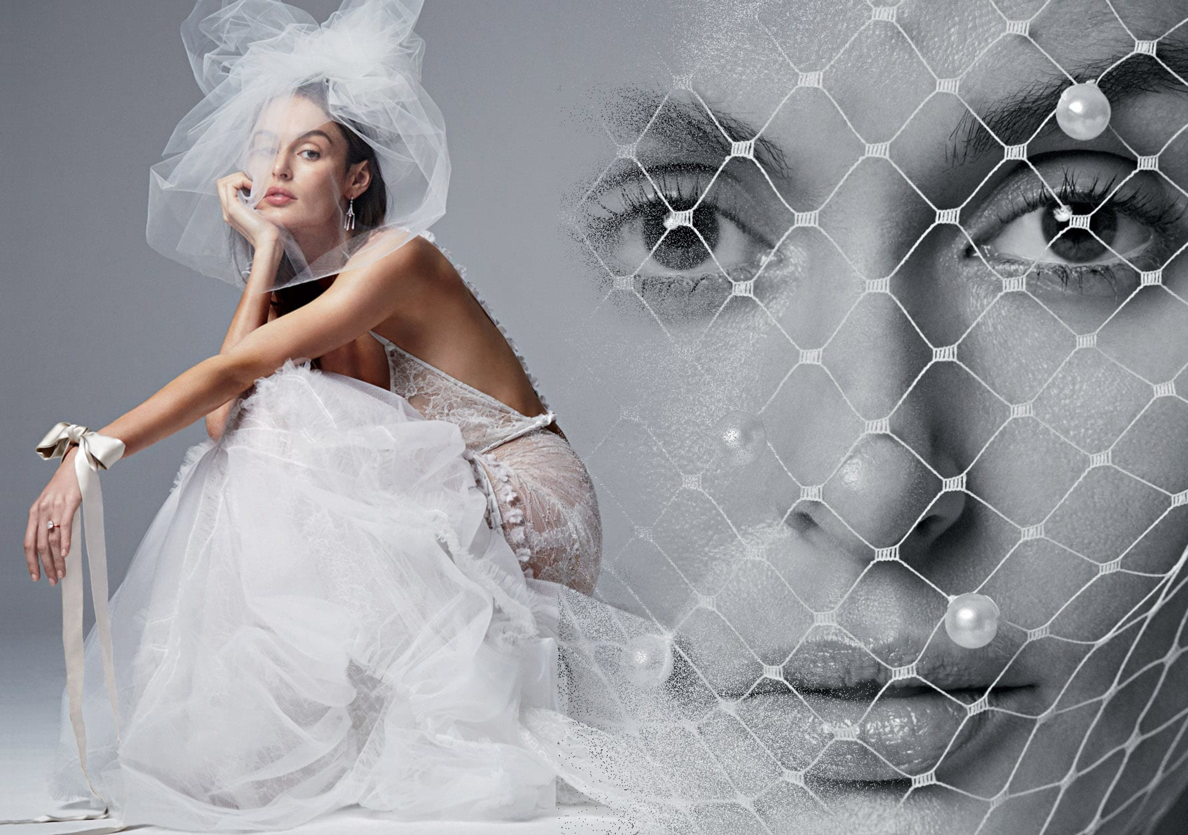 Editorial bridal portrait featuring a modern lace wedding gown and dramatic tulle veil with close-up of the bride behind netting.