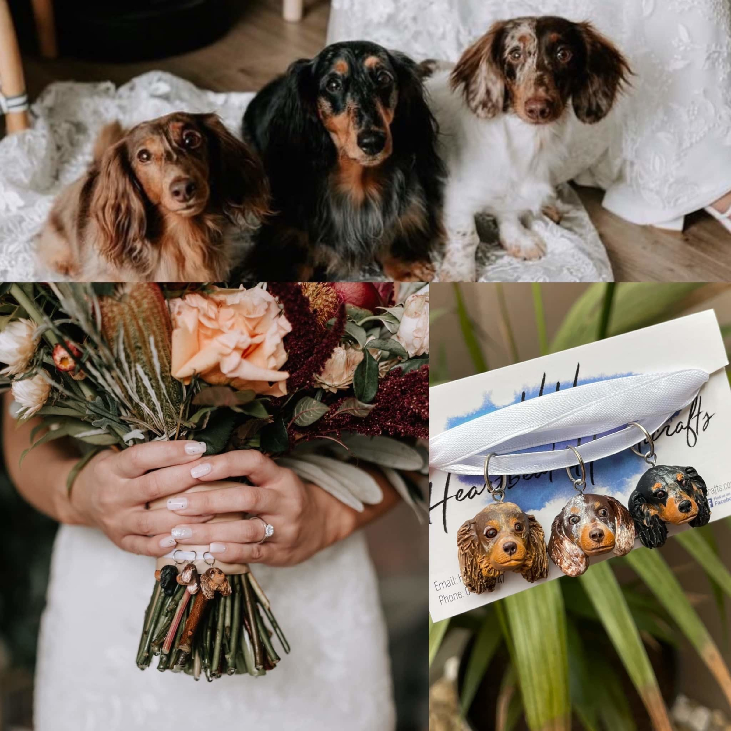 Collage showing three dachshunds, a bride holding a bouquet with dog charms, and matching dachshund keychain favors.