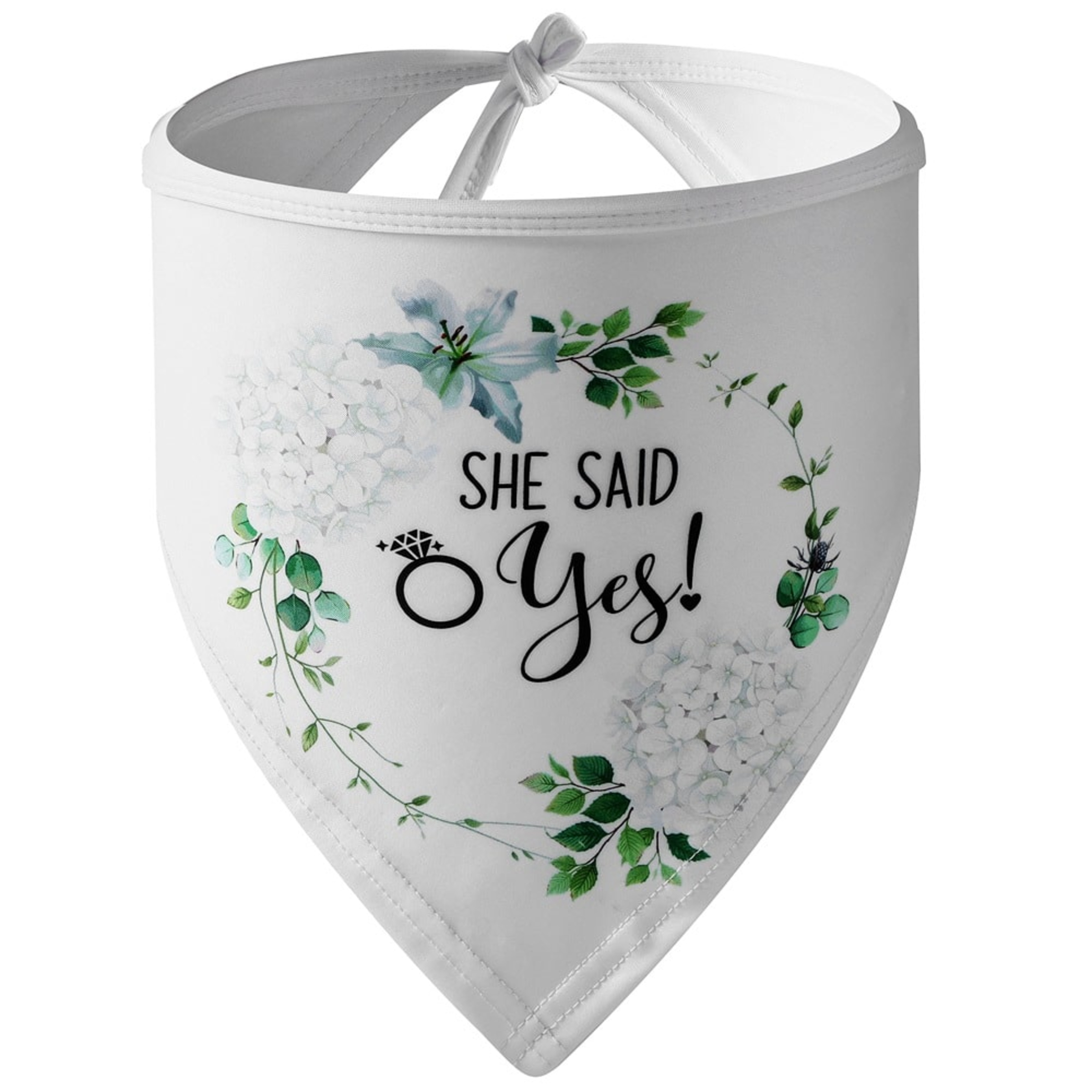 White floral bandana with greenery and the phrase She Said Yes printed in black script.