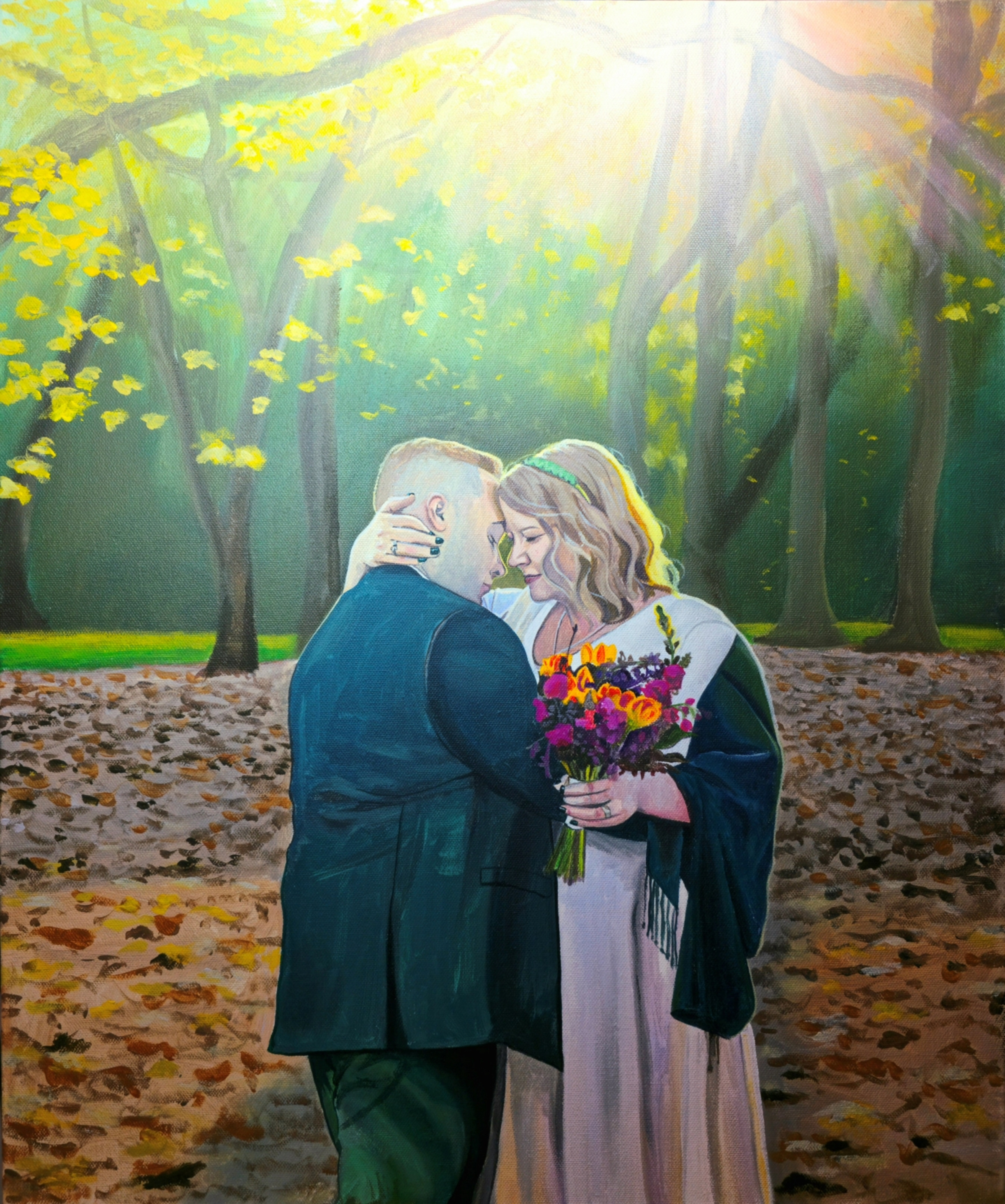 Romantic painted wedding portrait of a couple embracing in a sunlit autumn forest with a colorful bouquet.