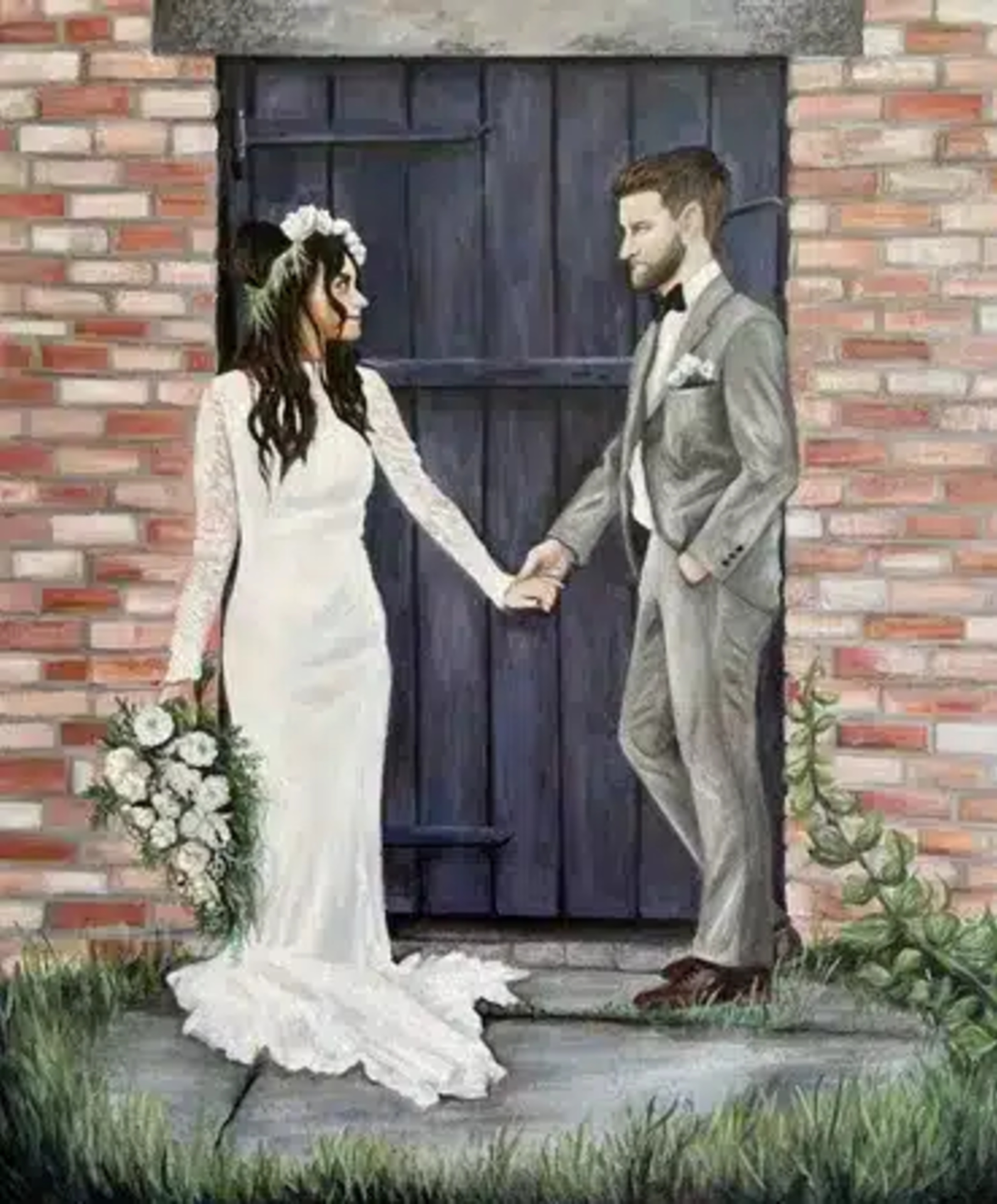 Illustrated wedding portrait of a bride and groom holding hands in front of a brick wall and dark wooden door.