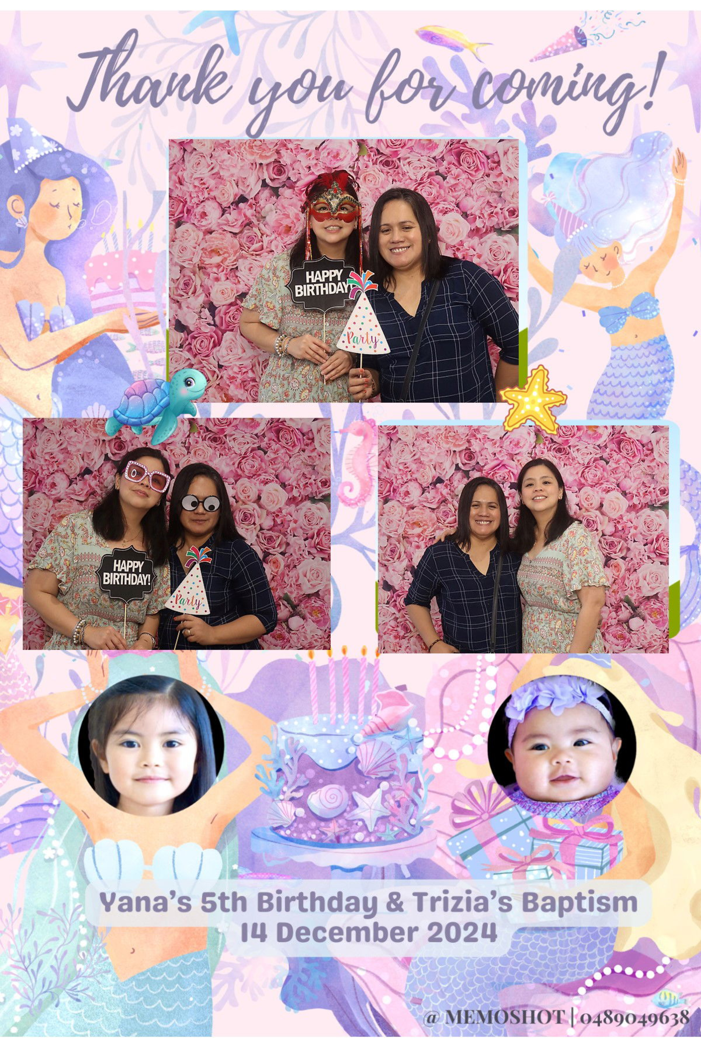Mermaid-themed photo booth collage with guests posing before a pink rose backdrop for a joint birthday and baptism celebration.