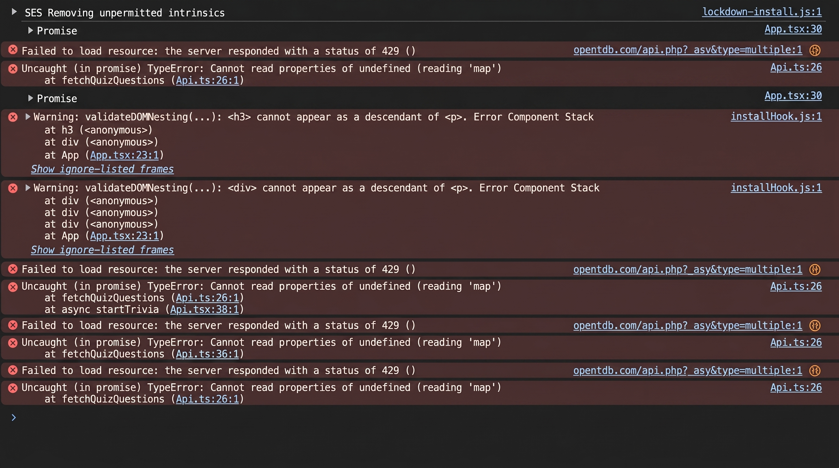 Browser console errors