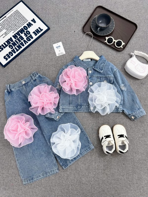 Organza Rose Denim Jacket & Wide-Leg Set