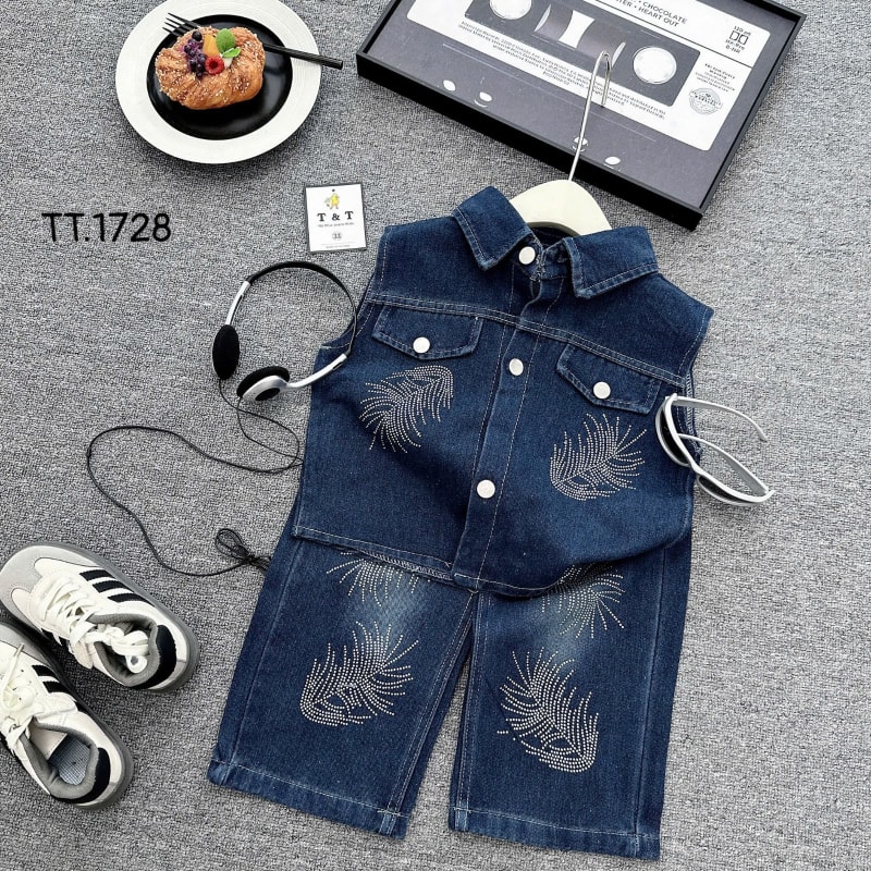 Rhinestone Feather Denim Vest Set