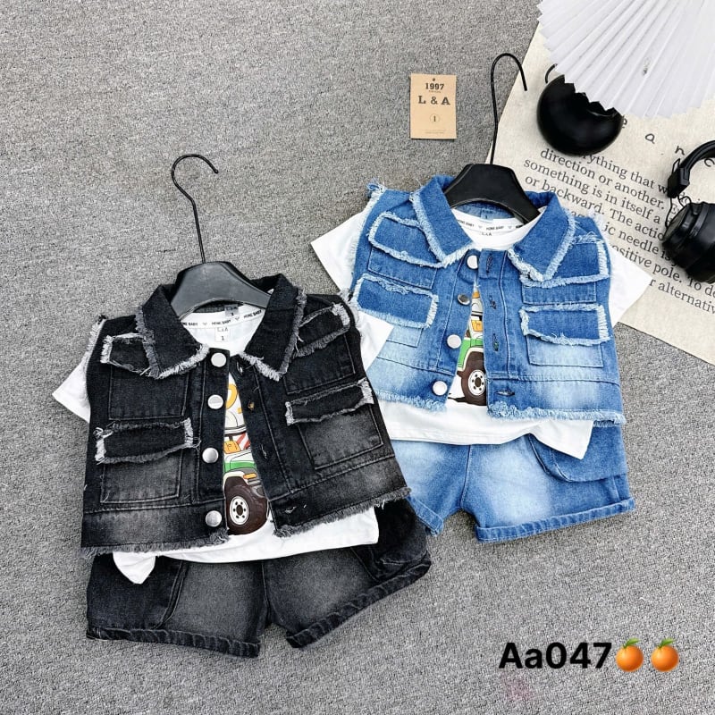 Frayed Trim Vest, Tee & Shorts Set