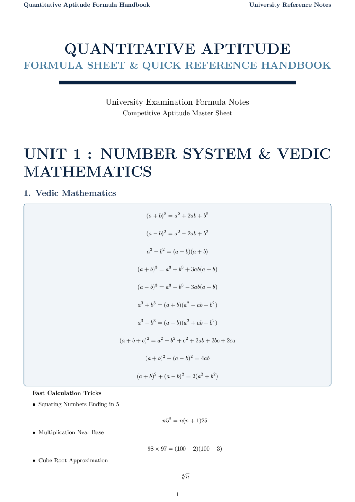 Page 1 of APTITUDE Formula sheet